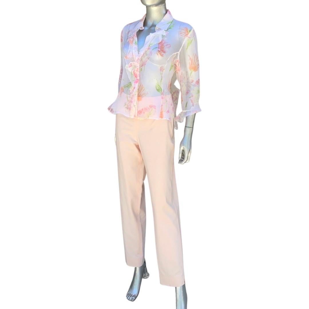 Italian Summer Sheer Silk Floral Ruffle Blouse & Matching Pant Size 8/10 For Sale 5