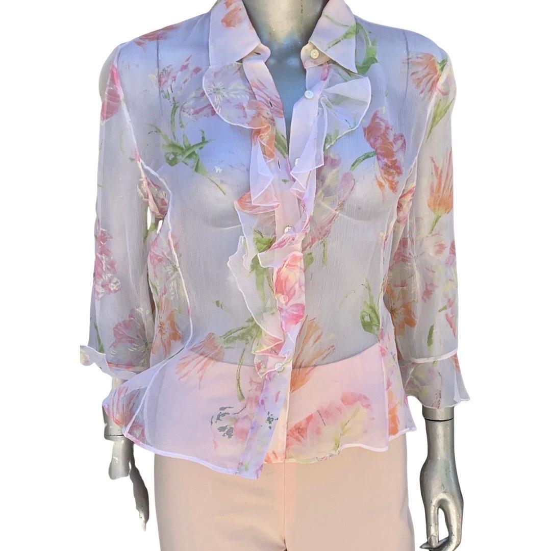 Italian Summer Sheer Silk Floral Ruffle Blouse & Matching Pant Size 8/10 For Sale 6