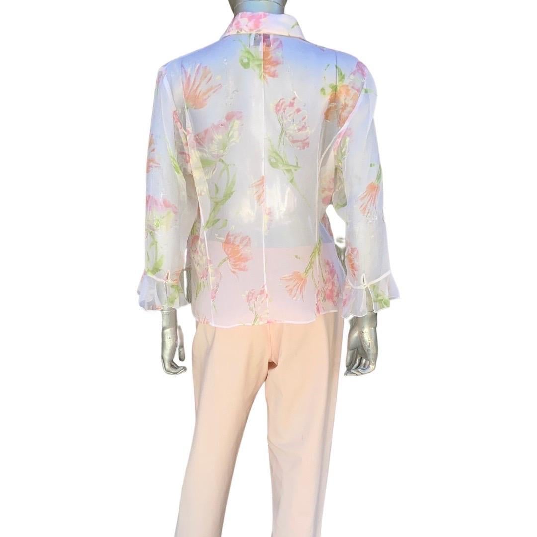 Italian Summer Sheer Silk Floral Ruffle Blouse & Matching Pant Size 8/10 For Sale 7