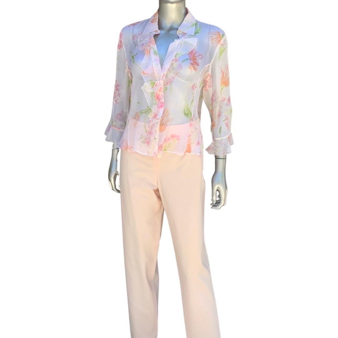 Italian Summer Sheer Silk Floral Ruffle Blouse & Matching Pant Size 8/10 For Sale 9