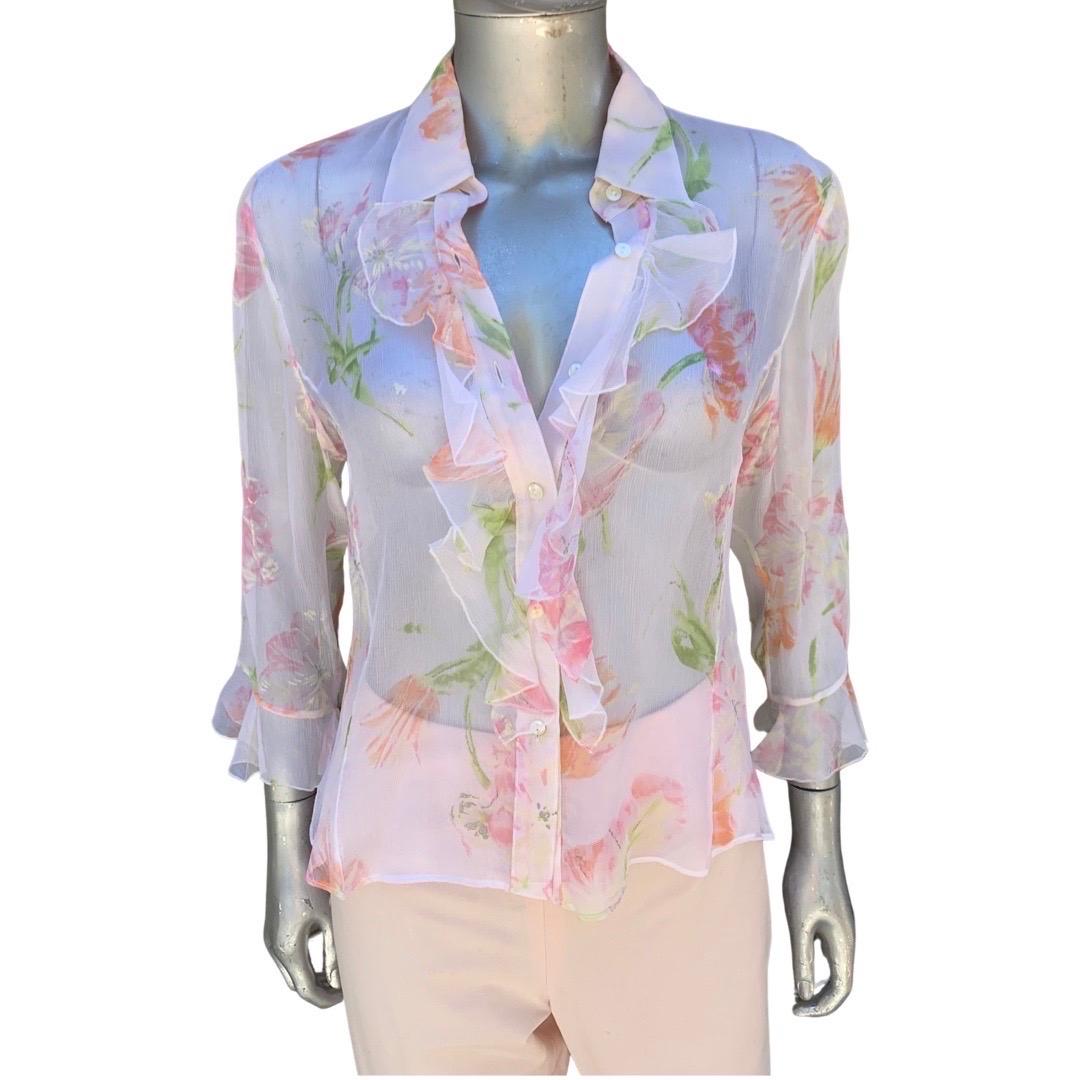 Italian Summer Sheer Silk Floral Ruffle Blouse & Matching Pant Size 8/10 For Sale 10