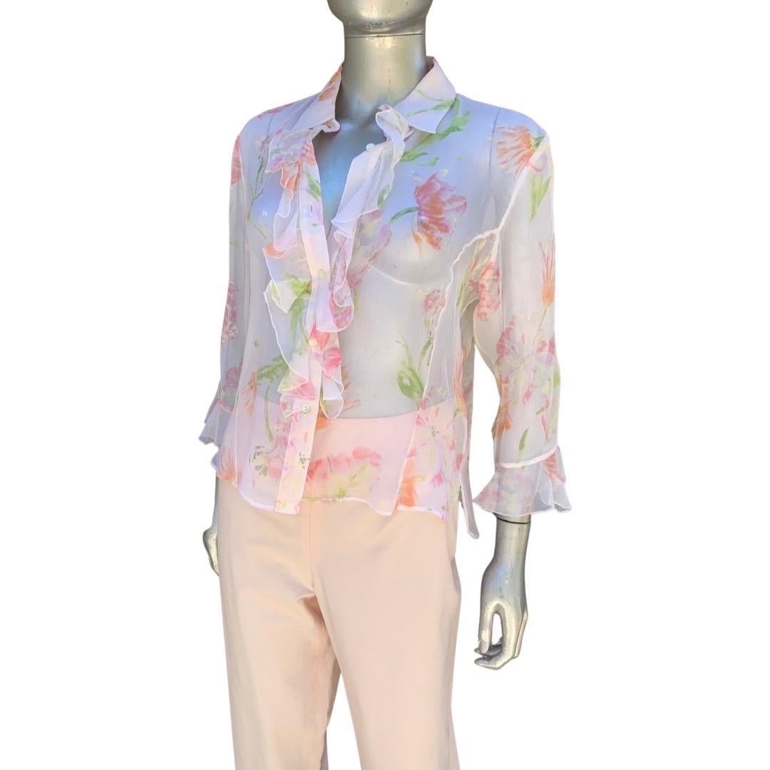 Italian Summer Sheer Silk Floral Ruffle Blouse & Matching Pant Size 8/10 For Sale 11