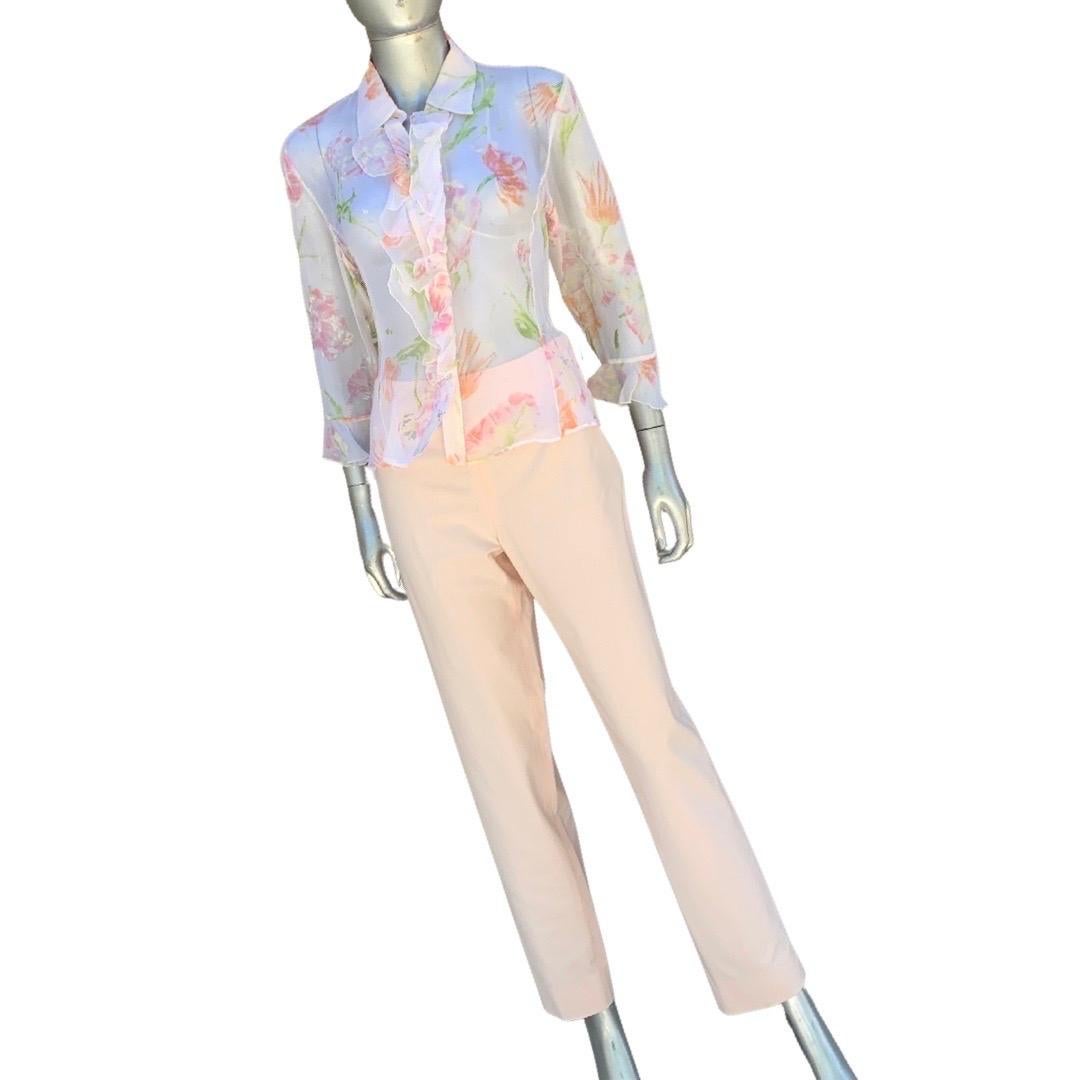 Italian Summer Sheer Silk Floral Ruffle Blouse & Matching Pant Size 8/10 In Good Condition For Sale In Palm Springs, CA