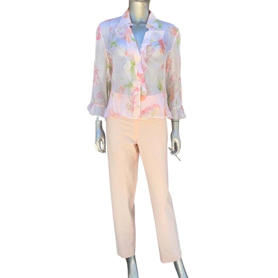 Women's Italian Summer Sheer Silk Floral Ruffle Blouse & Matching Pant Size 8/10 For Sale