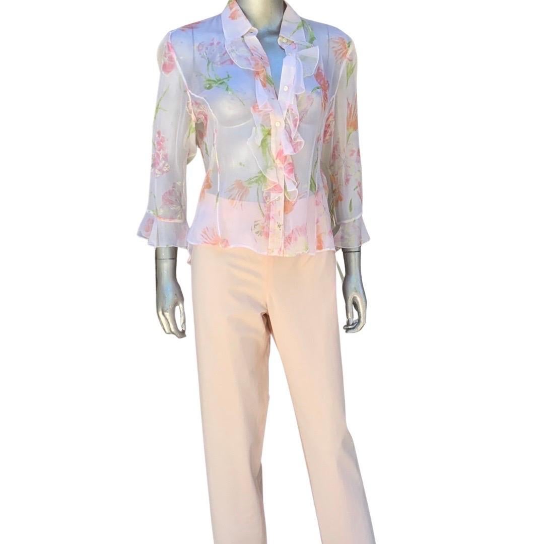 Italian Summer Sheer Silk Floral Ruffle Blouse & Matching Pant Size 8/10 For Sale 1