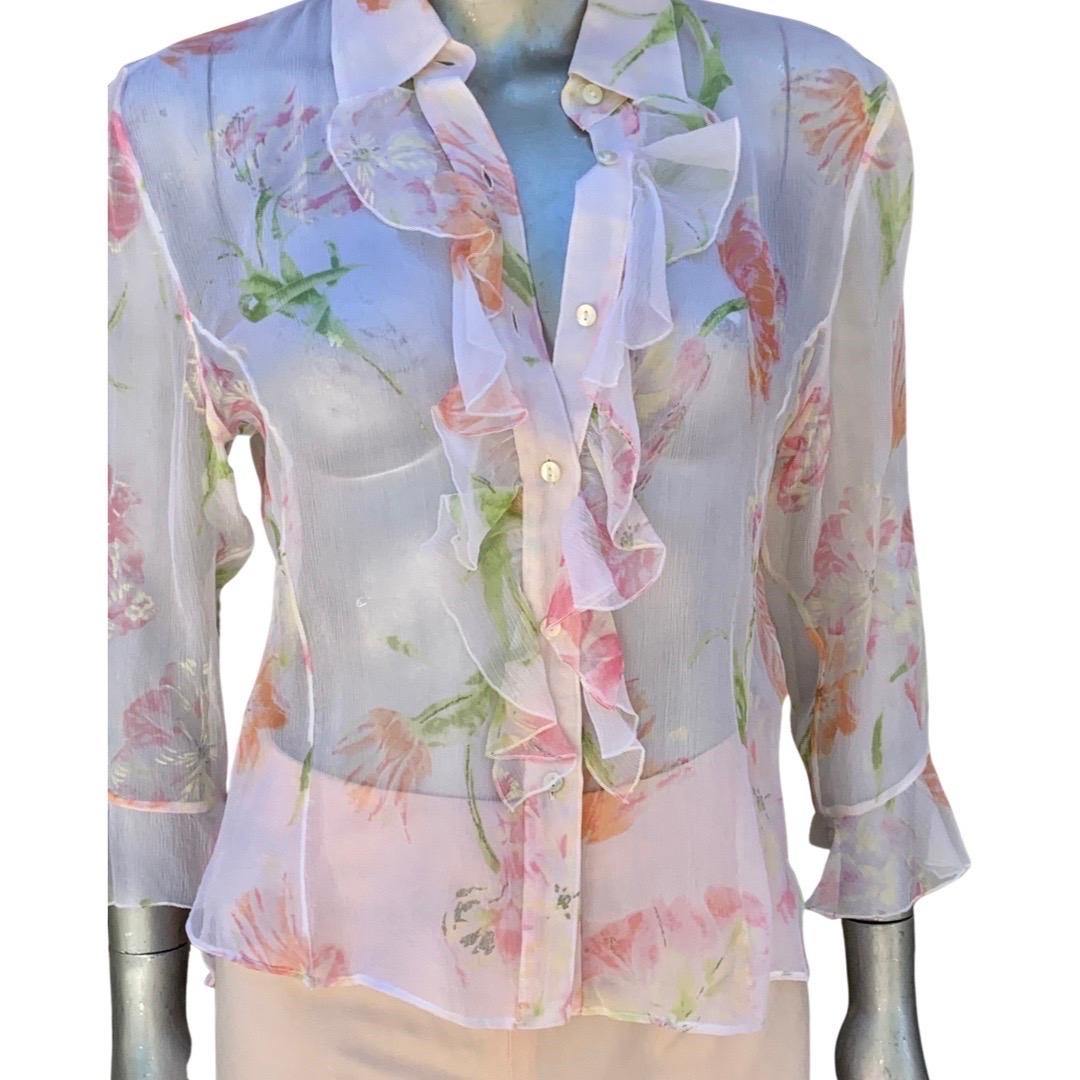 Italian Summer Sheer Silk Floral Ruffle Blouse & Matching Pant Size 8/10 For Sale 2