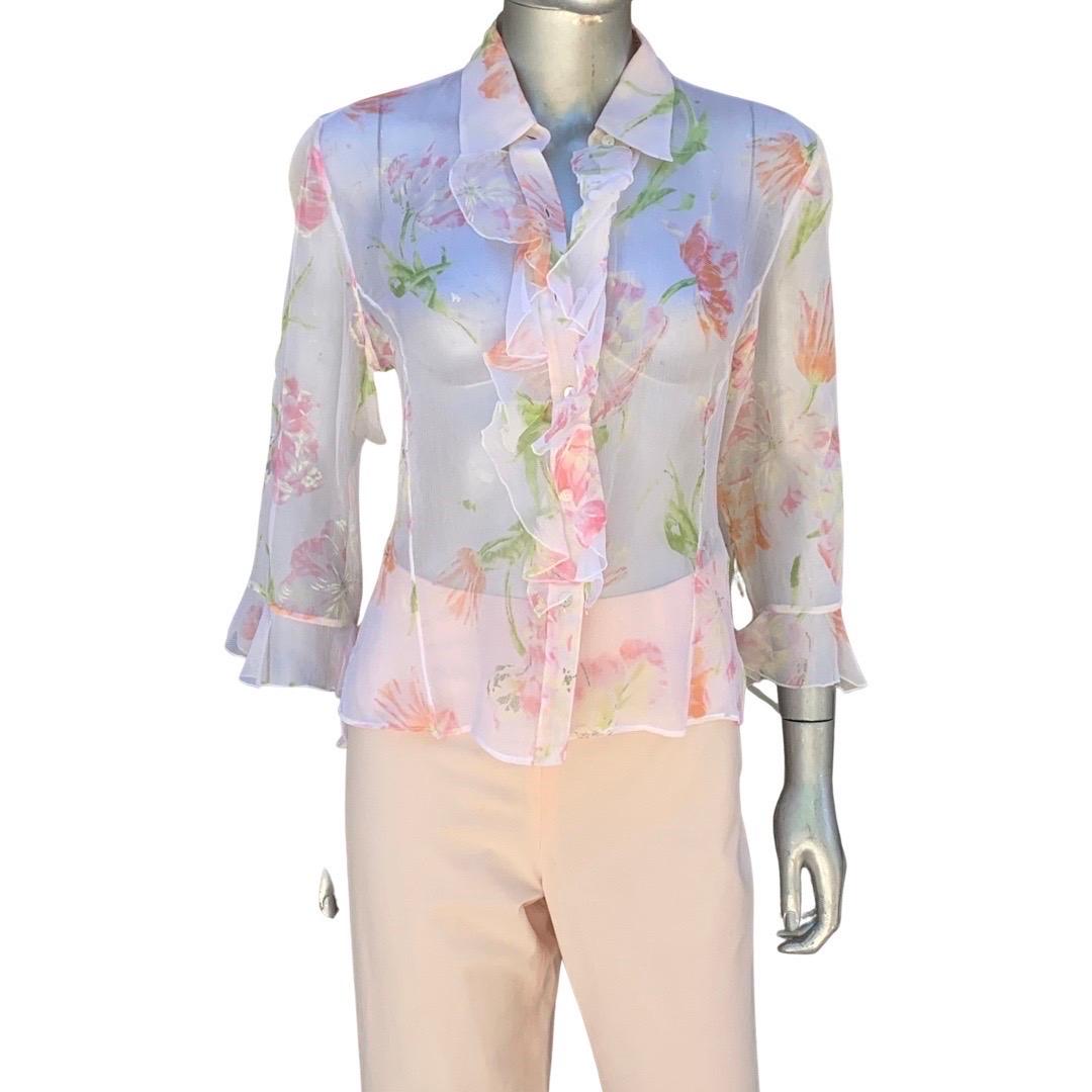 Italian Summer Sheer Silk Floral Ruffle Blouse & Matching Pant Size 8/10 For Sale 3