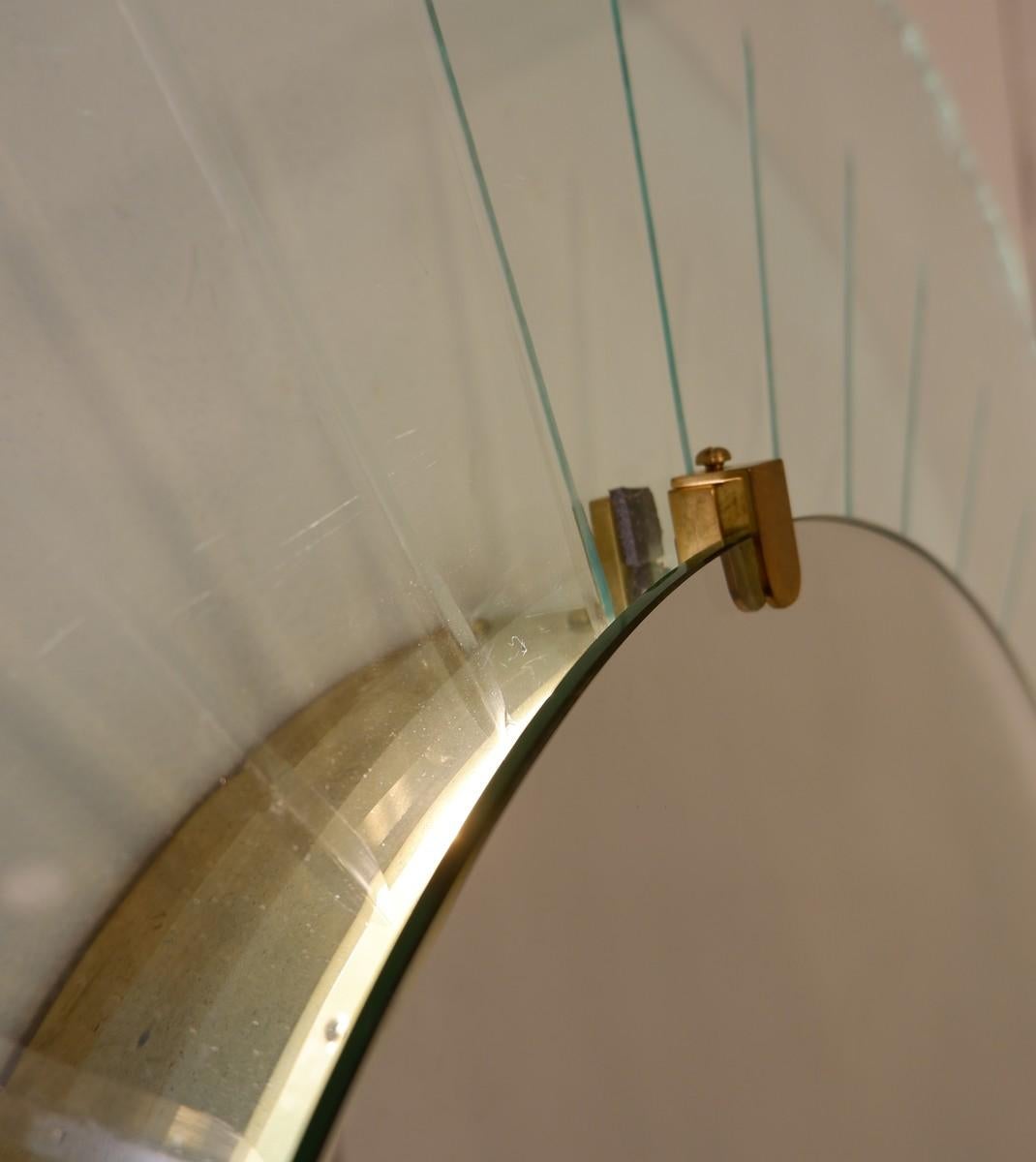 20th Century Italian Mid-Century Modern Sun Illuminated Glass and Brass Mirror For Sale