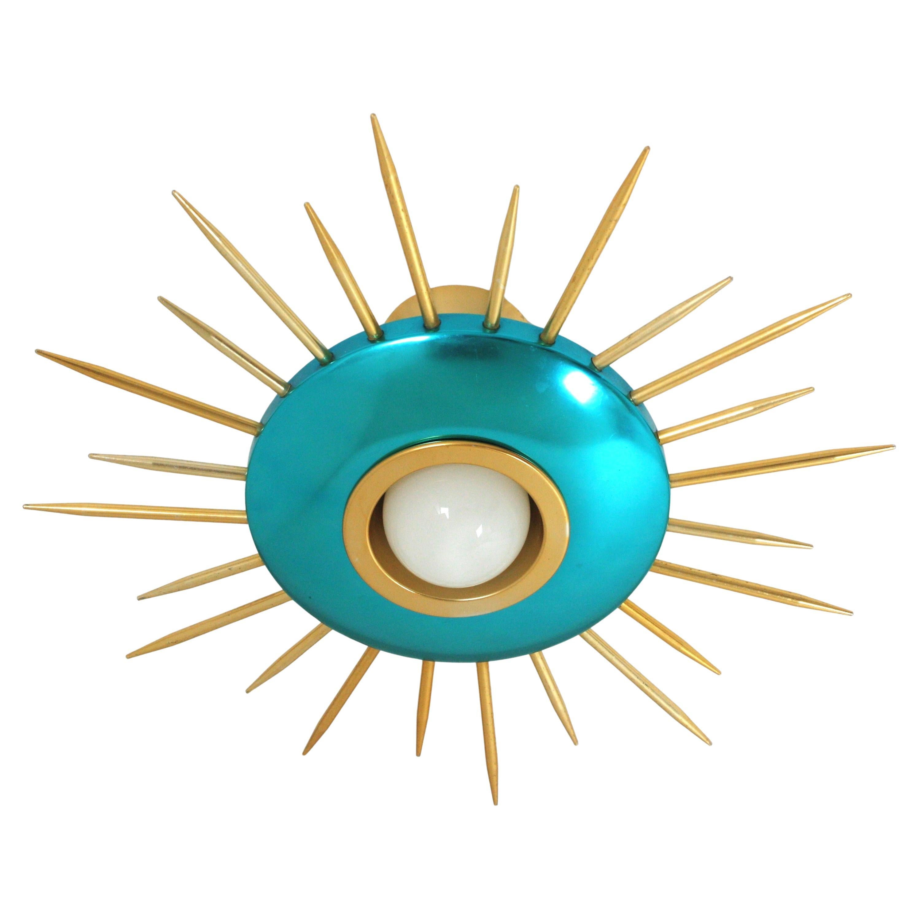 Italian Sunburst Ceiling Light Fixture in Blue and Gilt Metal, 1950s