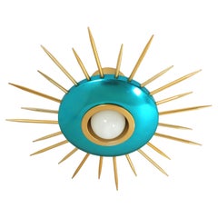 Lámpara de techo italiana Sunburst en metal azul y dorado, años 50