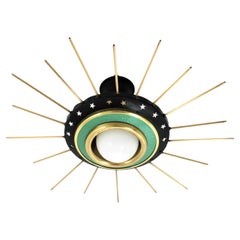 Italian Sunburst Flush Mount Pendant Light, Black & Green Metal and Brass, 1950s