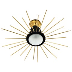 Italian Sunburst Flush Mount Pendant Light, Brass and Black Metal, 1950s