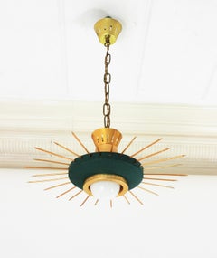 Italian 1950s Sunburst Flush Mount Pendant Light in Green Metal and Brass