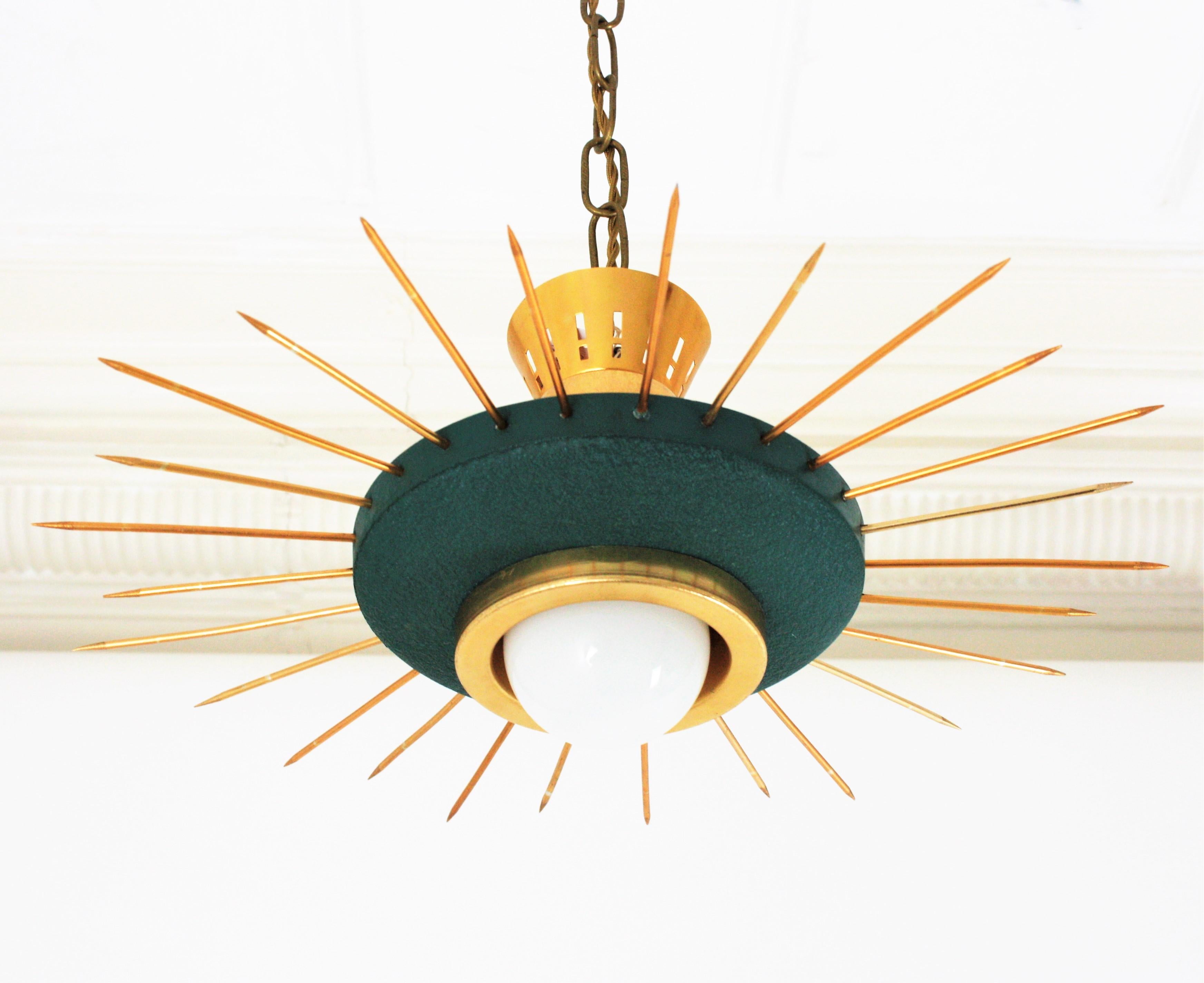 Mid-Century Modern Italian 1950s Sunburst Flush Mount Pendant Light in Green Metal and Brass For Sale