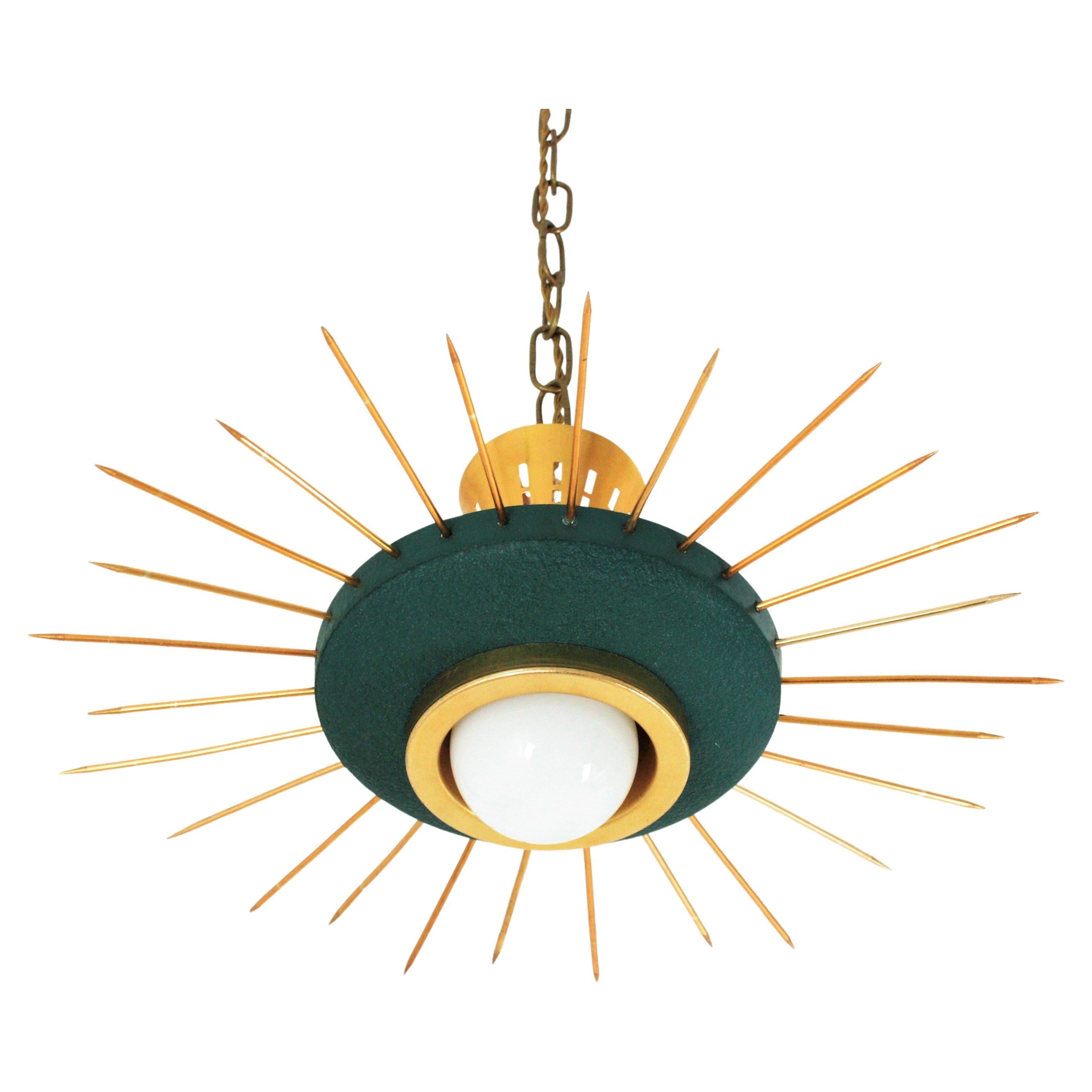 Italian 1950s Sunburst Flush Mount Pendant Light in Green Metal and Brass For Sale