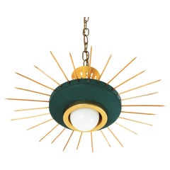 Italian 1950s Sunburst Flush Mount Pendant Light in Green Metal and Brass