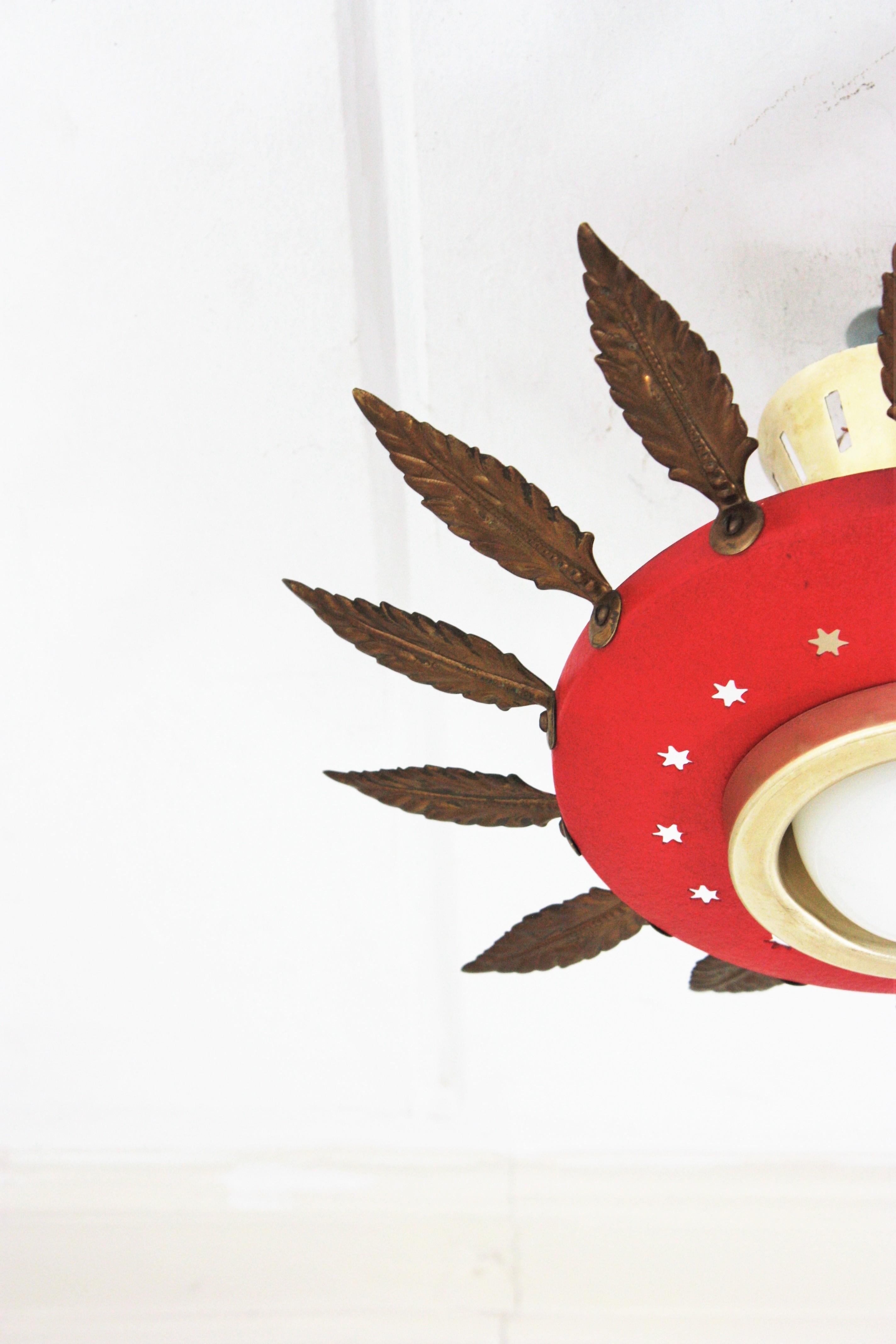 Italian 1950s Sunburst Flush Mount Pendant Light, Red Metal and Brass For Sale 6