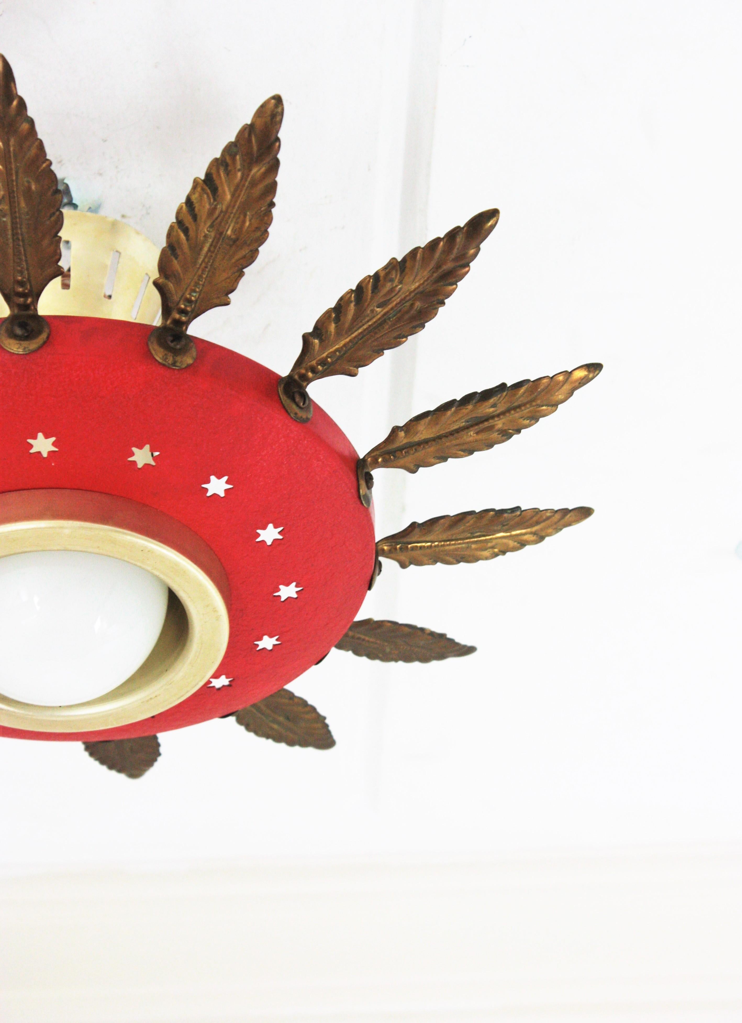 Italian 1950s Sunburst Flush Mount Pendant Light, Red Metal and Brass For Sale 7