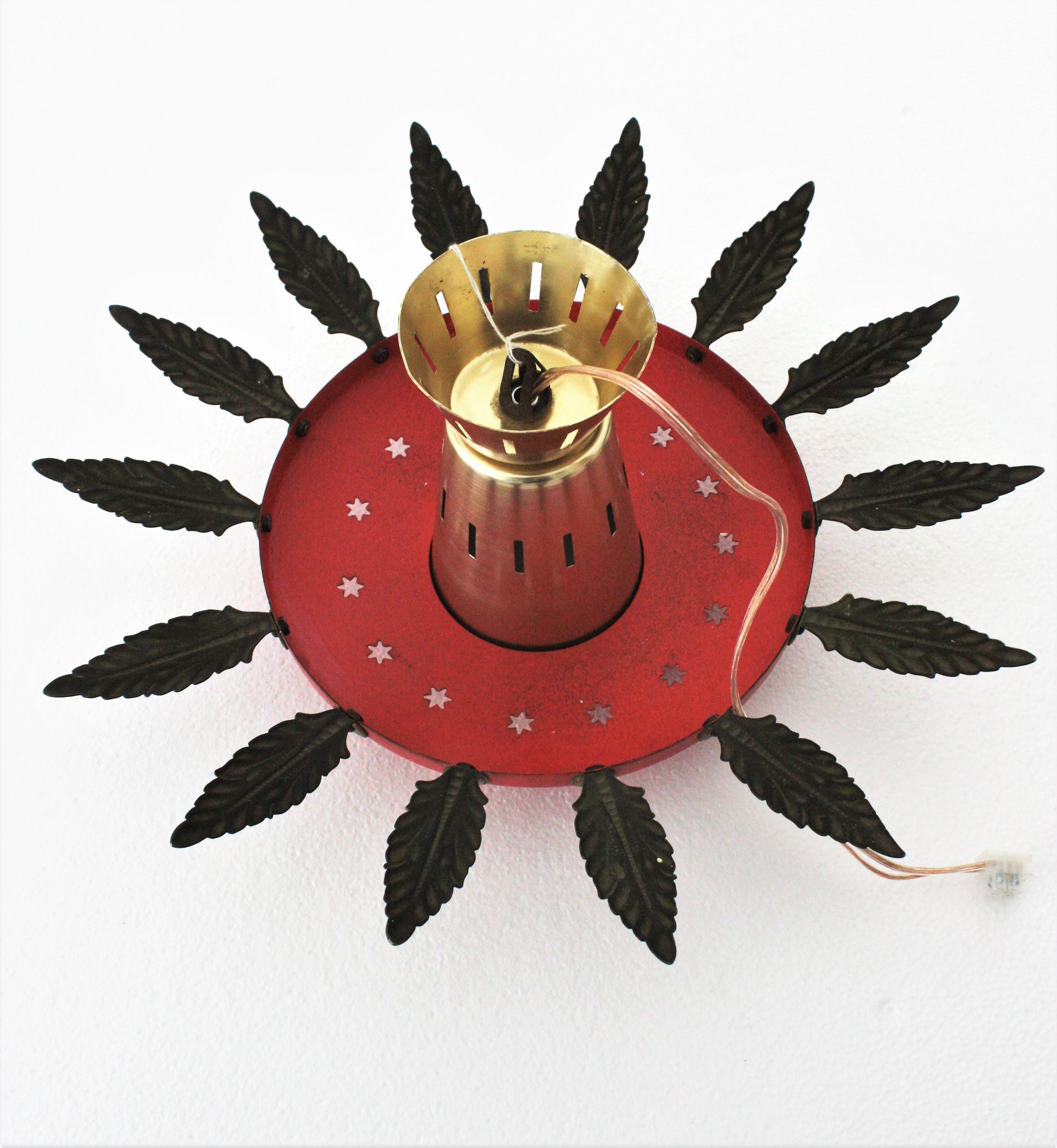 Italian 1950s Sunburst Flush Mount Pendant Light, Red Metal and Brass For Sale 12