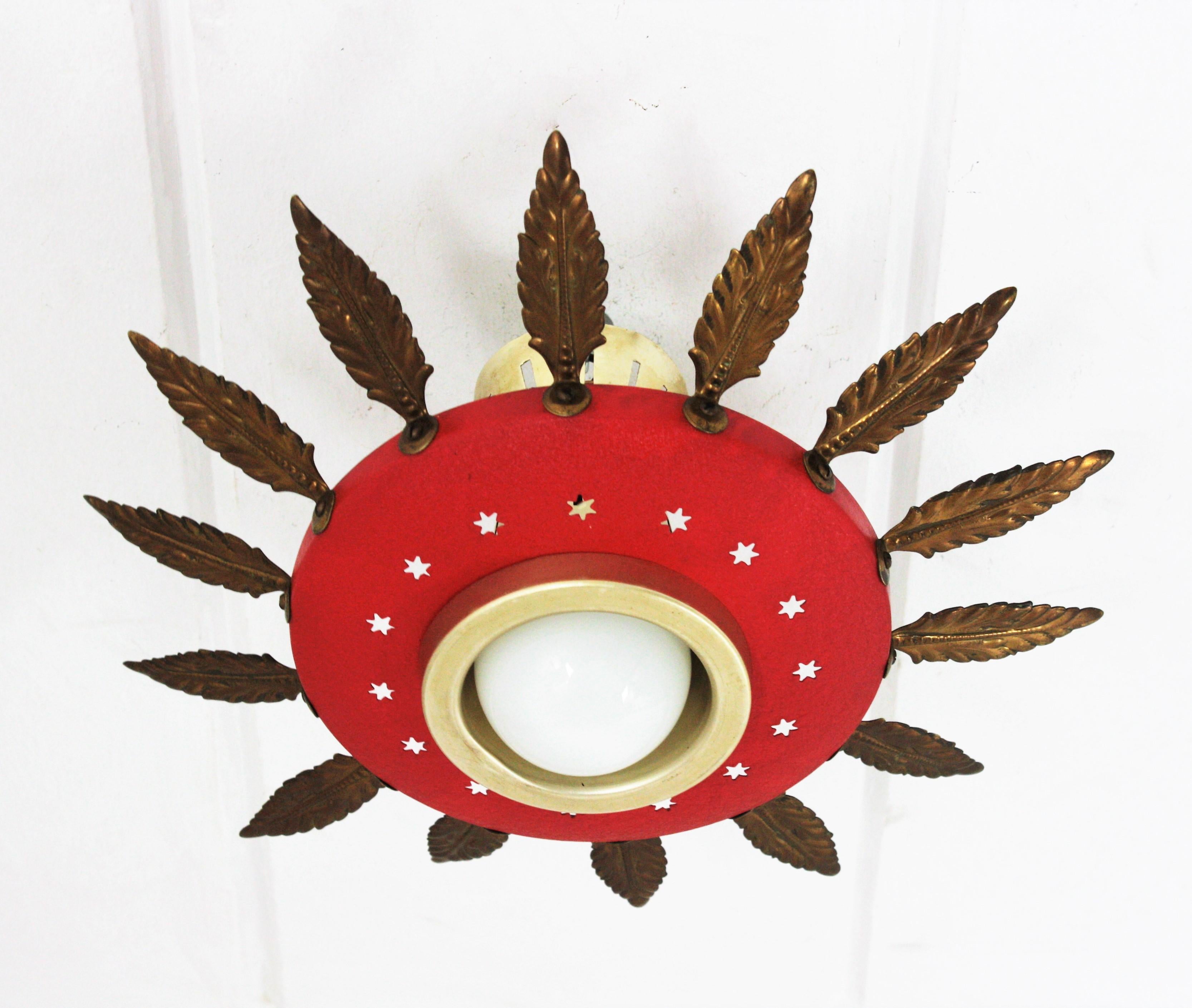 Mid-Century Modern Italian 1950s Sunburst Flush Mount Pendant Light, Red Metal and Brass For Sale
