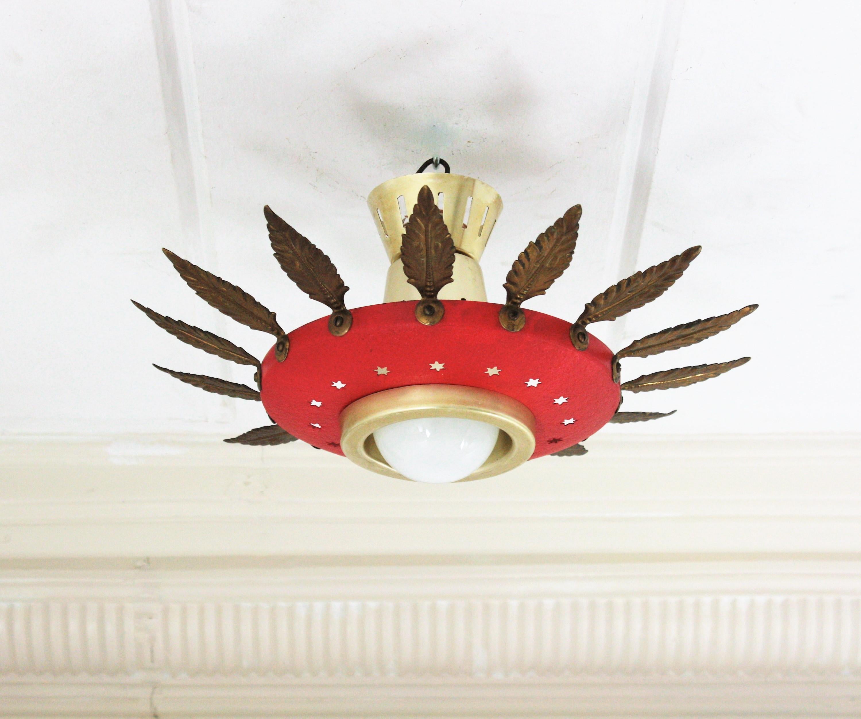 Italian 1950s Sunburst Flush Mount Pendant Light, Red Metal and Brass In Good Condition For Sale In Barcelona, ES