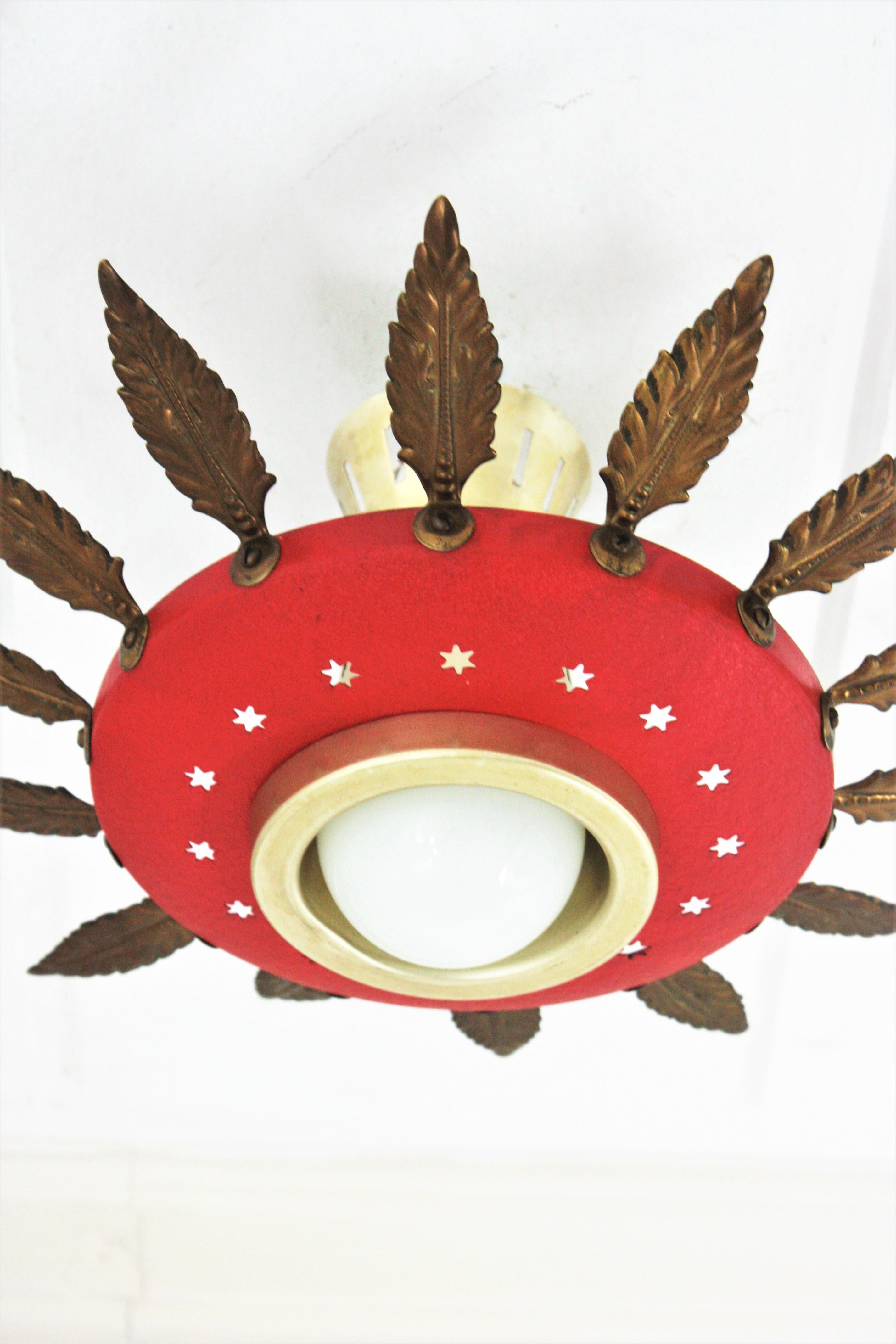 Italian 1950s Sunburst Flush Mount Pendant Light, Red Metal and Brass For Sale 3