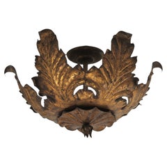 Italian Sunburst Foliage Flush Mount or Pendant in Gilt Iron, 1940s Italian Sunburst Foliage Flush Mount or Pendant in Gilt Iron, 1940s