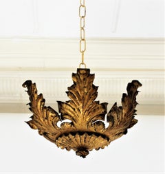 Italian Sunburst Foliage Flush Mount or Pendant in Gilt Metal, 1940s