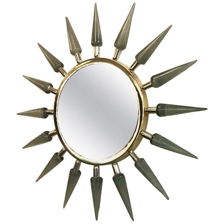 Italian mirror with smoky handblown Murano glass spikes on 24-karat gold-plated frame.
Diameter: 44 inches / Height: 3.5 inches
2 in stock in Palm Springs currently ON SALE for $4,799 each!!!
Order Reference #: F139