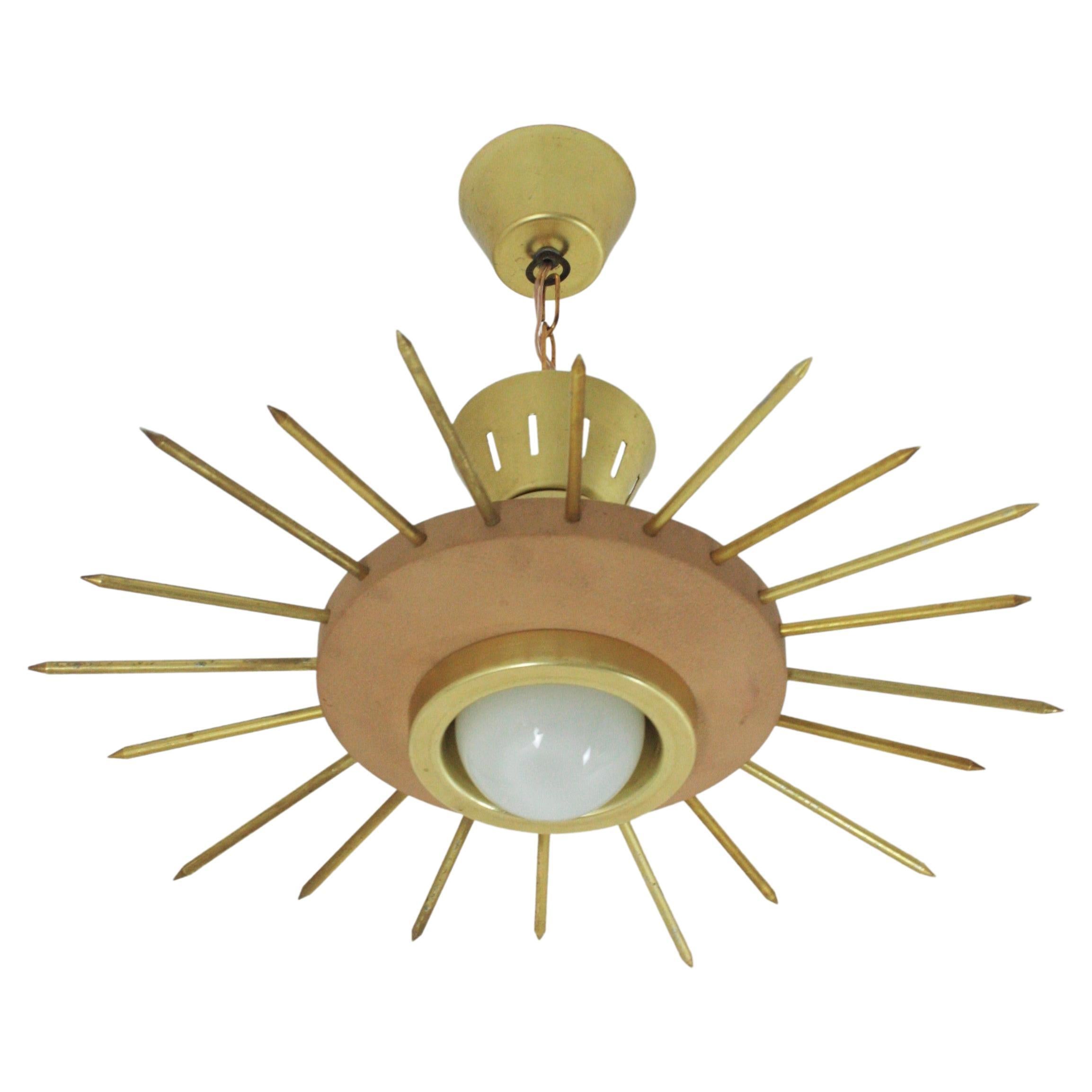 Italian Sunburst Flush Mount Pendant Light, Green Metal and Brass