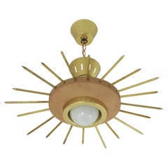 Italian Sunburst Pendant Light Fixture, Gilt Metal and Beige Lacquer, 1950s