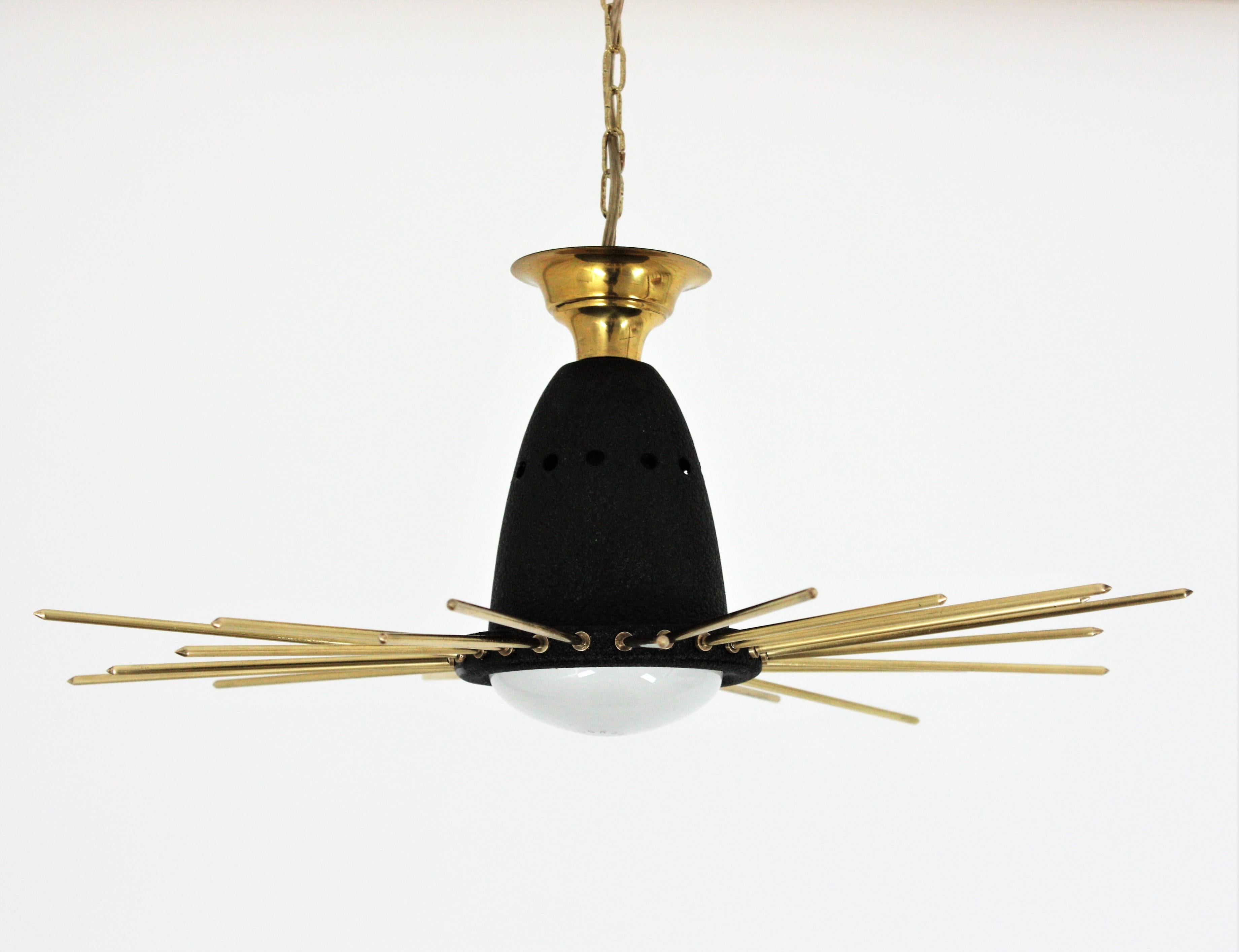 Italian Sunburst Flush Mount Pendant Light, Brass and Black Metal, 1950s For Sale 5