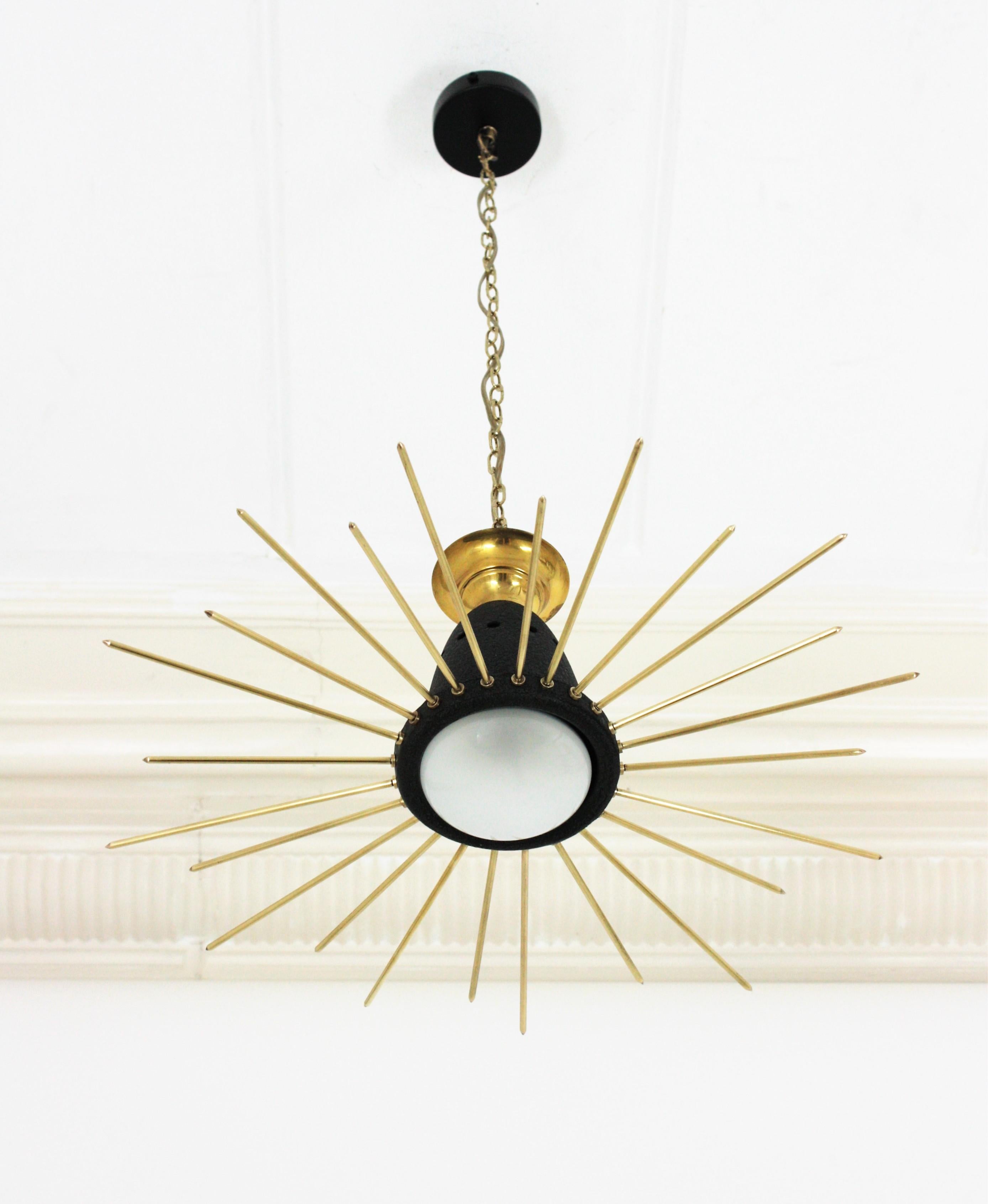 Mid-Century Modern Italian Sunburst Flush Mount Pendant Light, Brass and Black Metal, 1950s For Sale