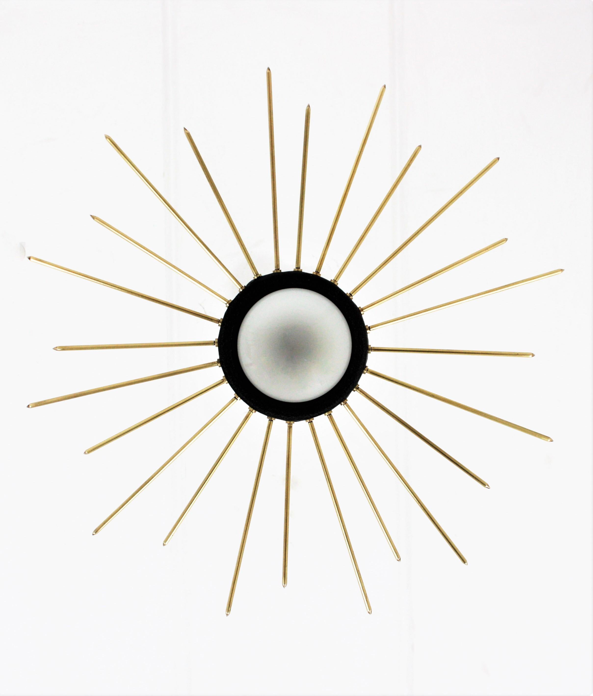 20th Century Italian Sunburst Flush Mount Pendant Light, Brass and Black Metal, 1950s For Sale
