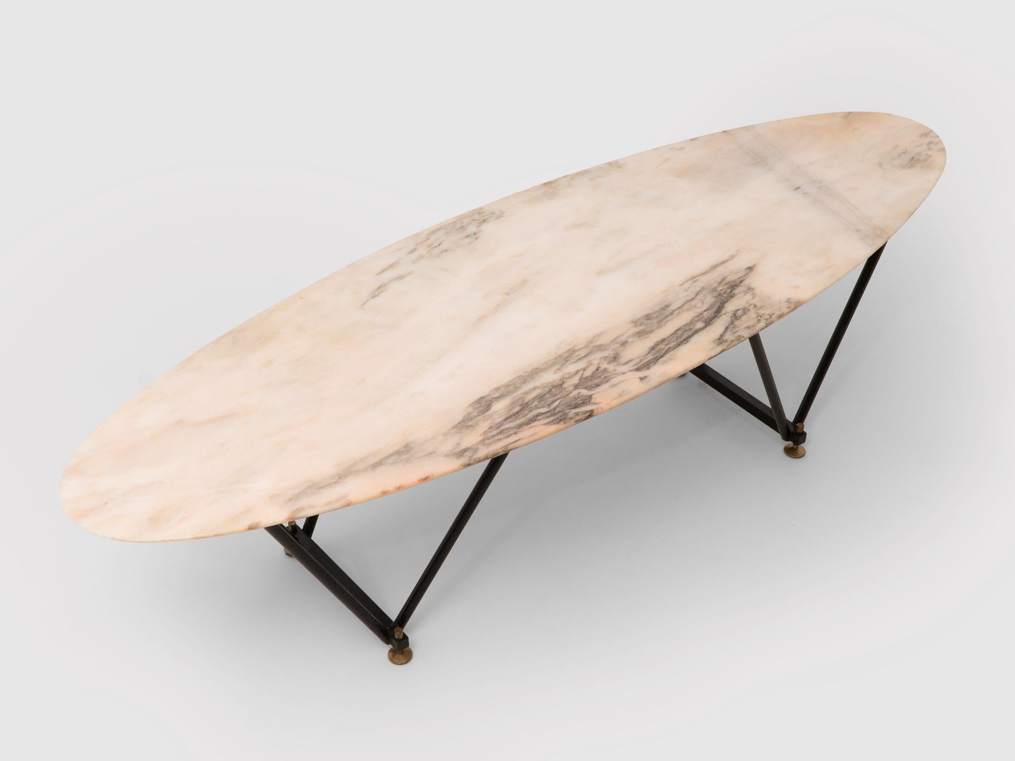 Italian marble coffee table, surfboard shape, steel base with brass ends. Original condition, small chip to the marble top.
