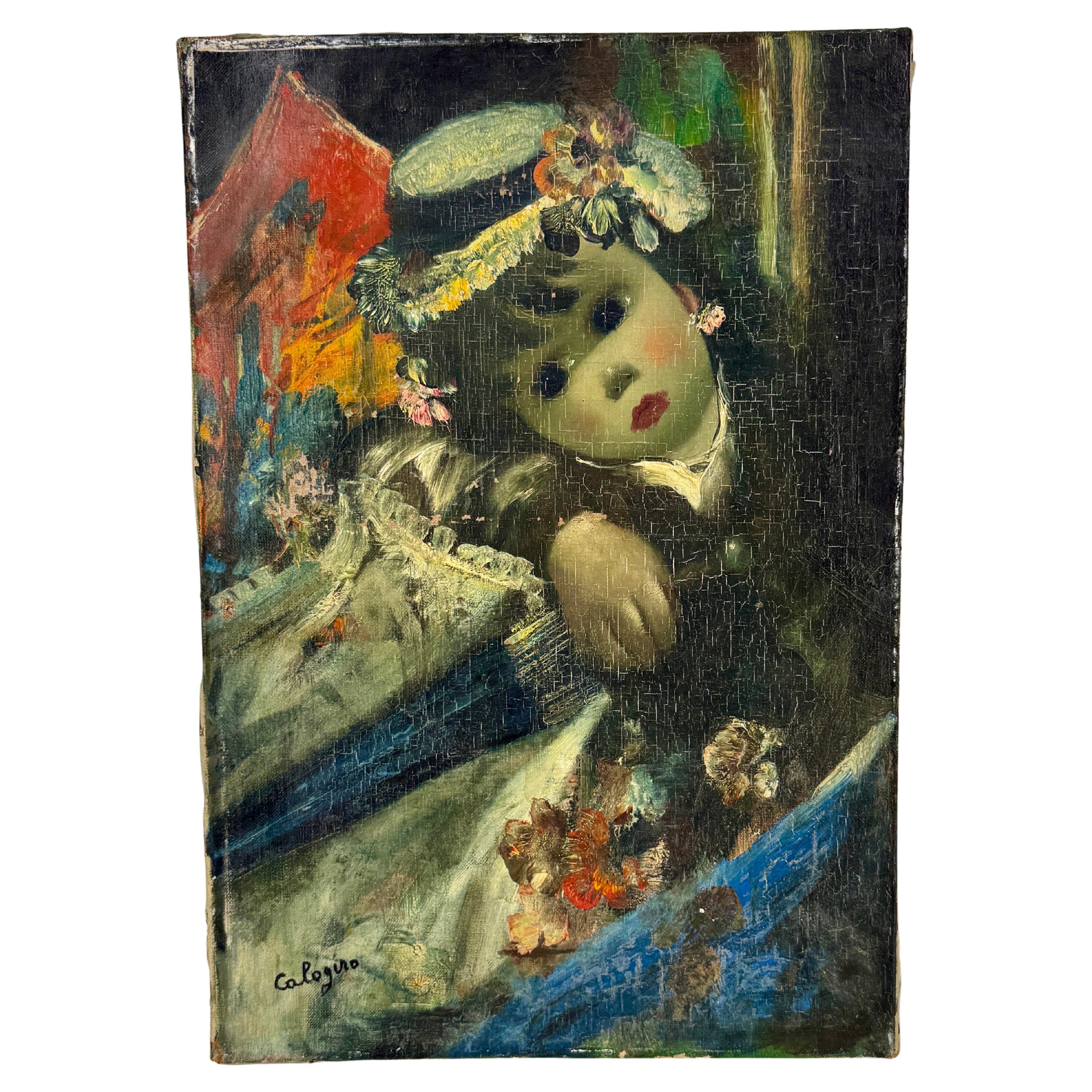 Peinture à l'huile surréaliste italienne Jean Calogero représentant une jeune fille en vente