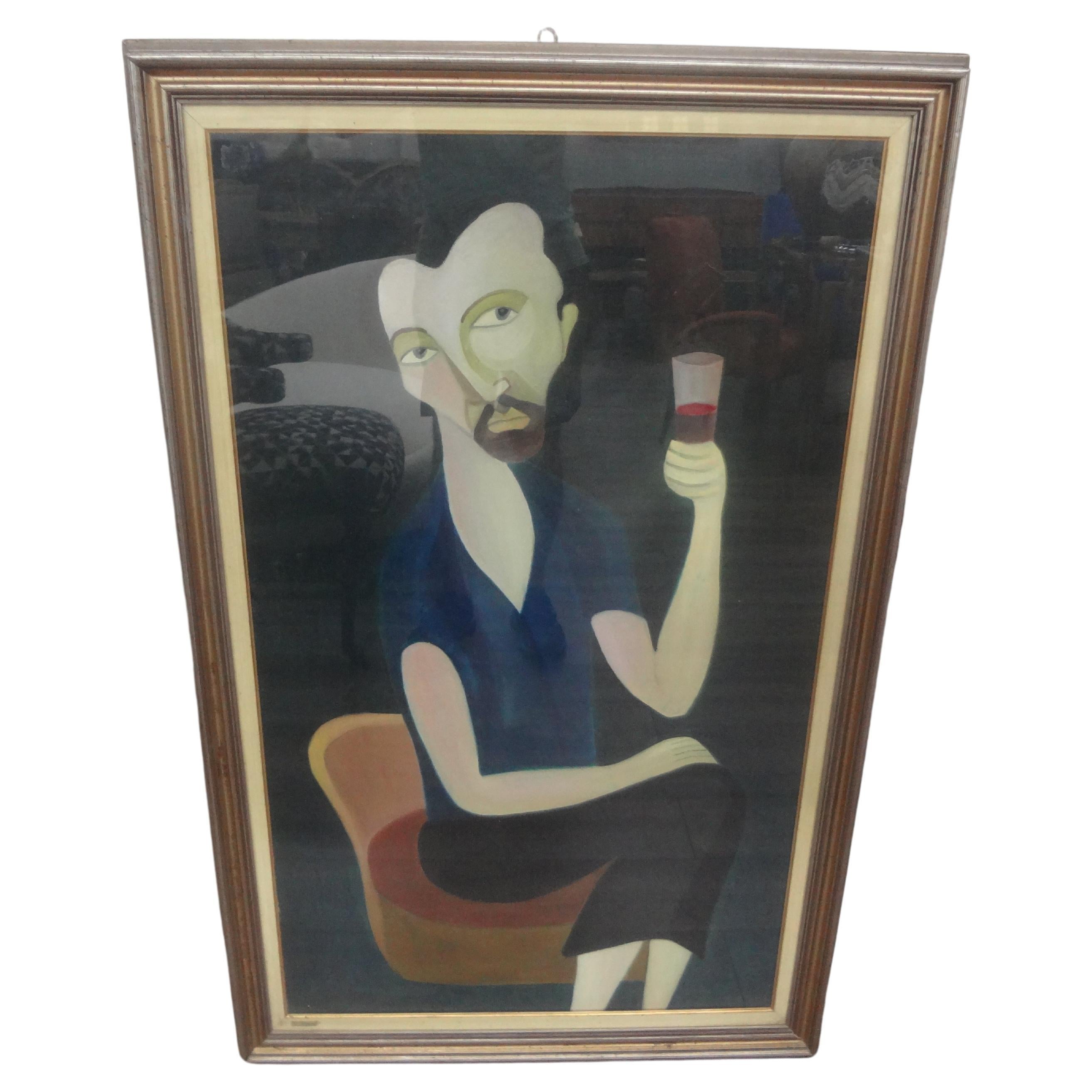 Italian Surrealist oil painting on canvas after Modigliani.
This interesting framed oil painting on canvas with a glass front is of an elongated male figure seated with a glass of wine.
This painting is in the Surrealist / Expressionist style