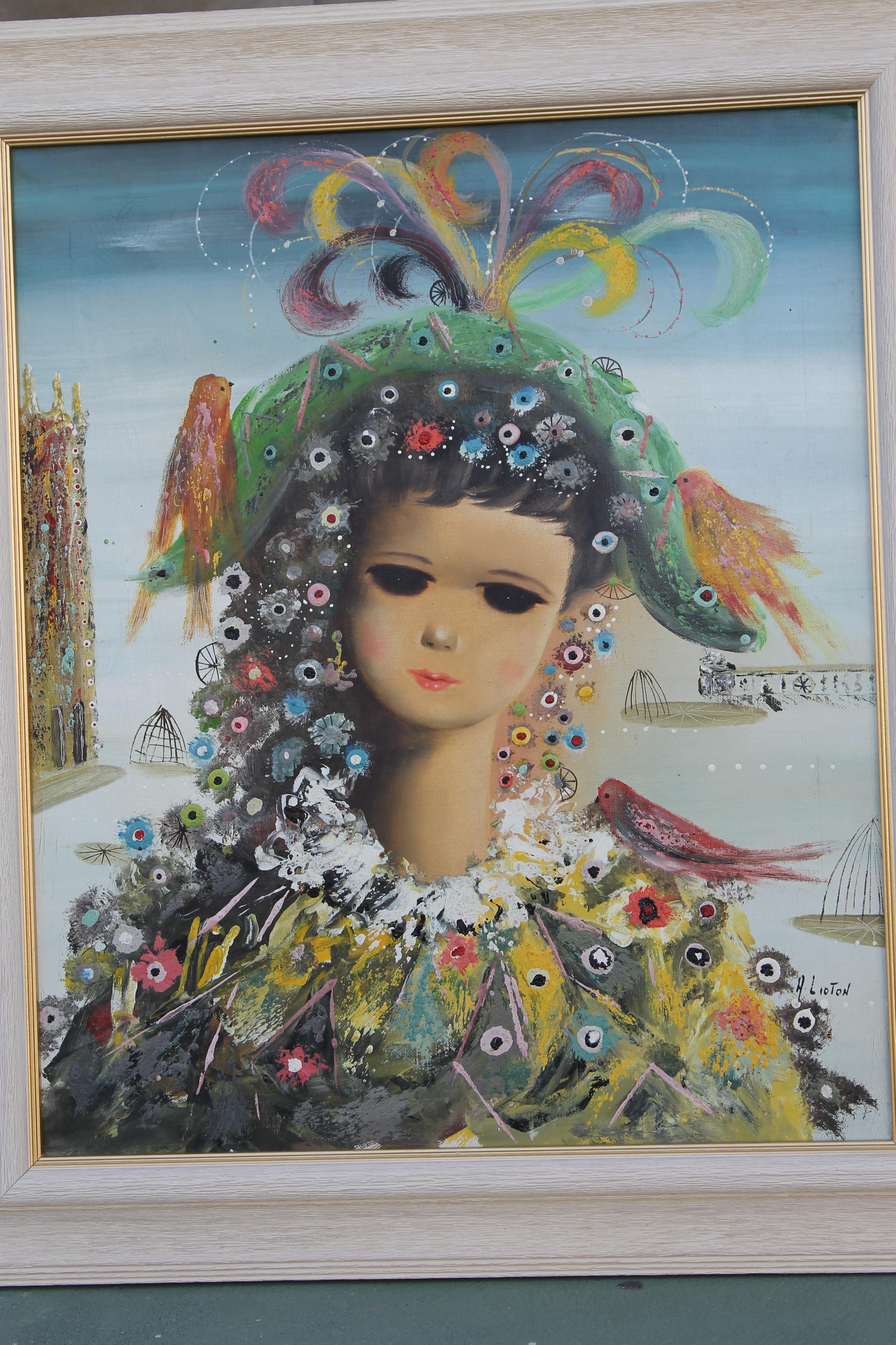 A pair of oil on canvas portraits of a boy and a girl in festive Venetian Carnival attire with surrealistic landscape backgrounds, circa 1950s. This artist combined several painting techniques creating an interesting overlay of textures. Oddly, one
