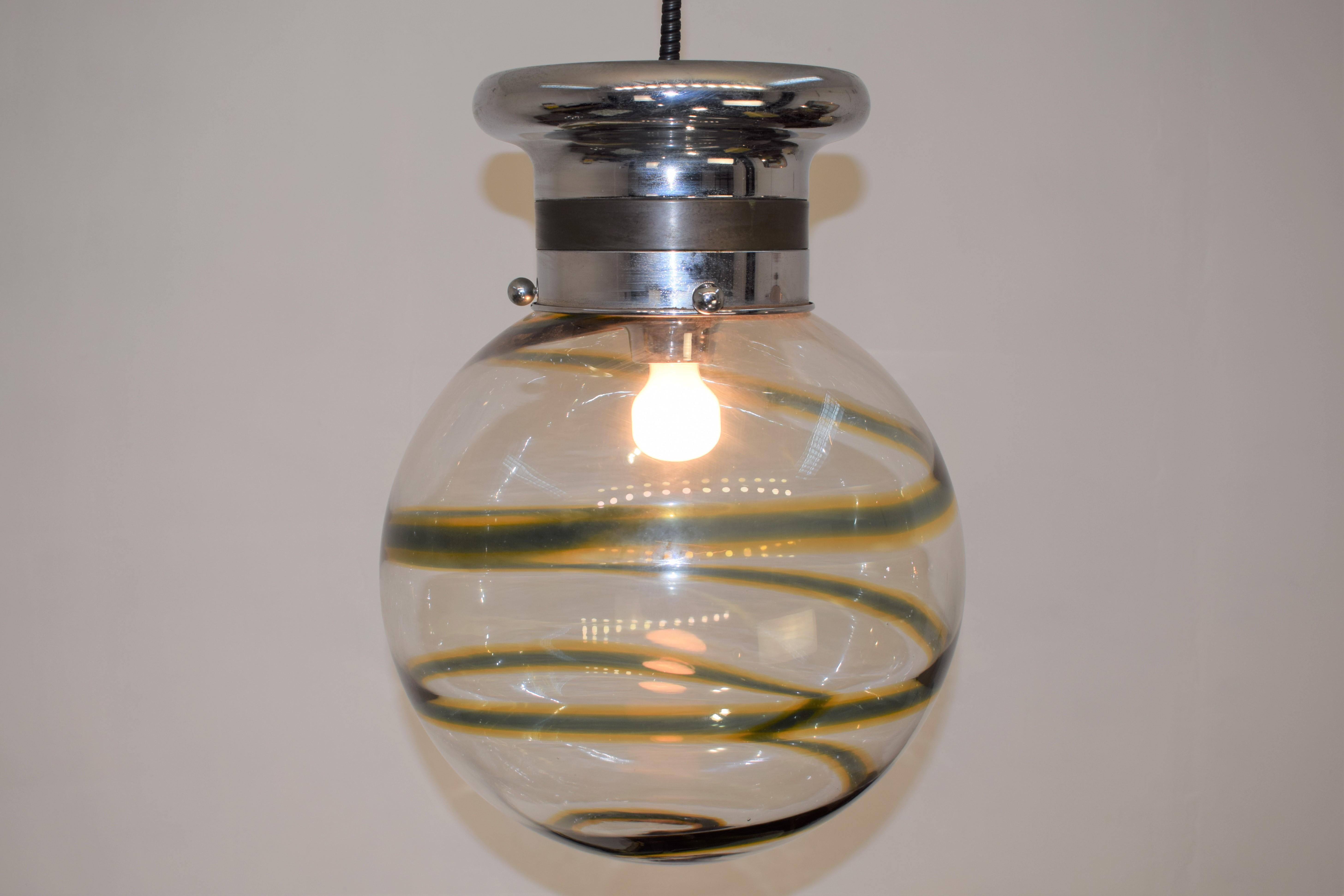Steel Italian Suspension Lamp, Murano Glass, 1970s For Sale