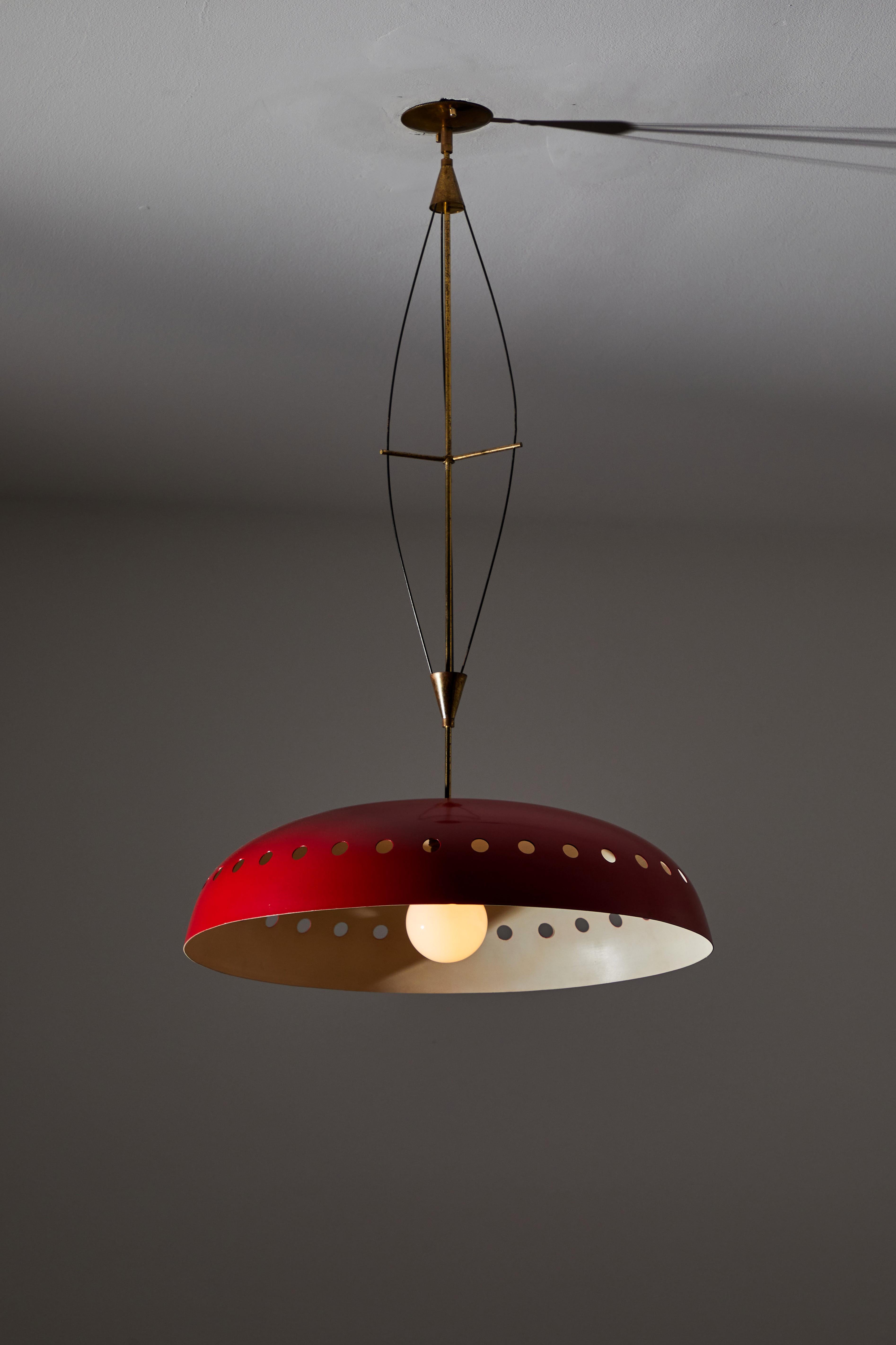 Suspension light manufactured in Italy, circa 1950s. Original painted aluminum, brass. Custom brass ceiling plate. Rewired for U.S. standards. We recommend one E26 100w maximum bulb. Bulbs provided as a one time courtesy.