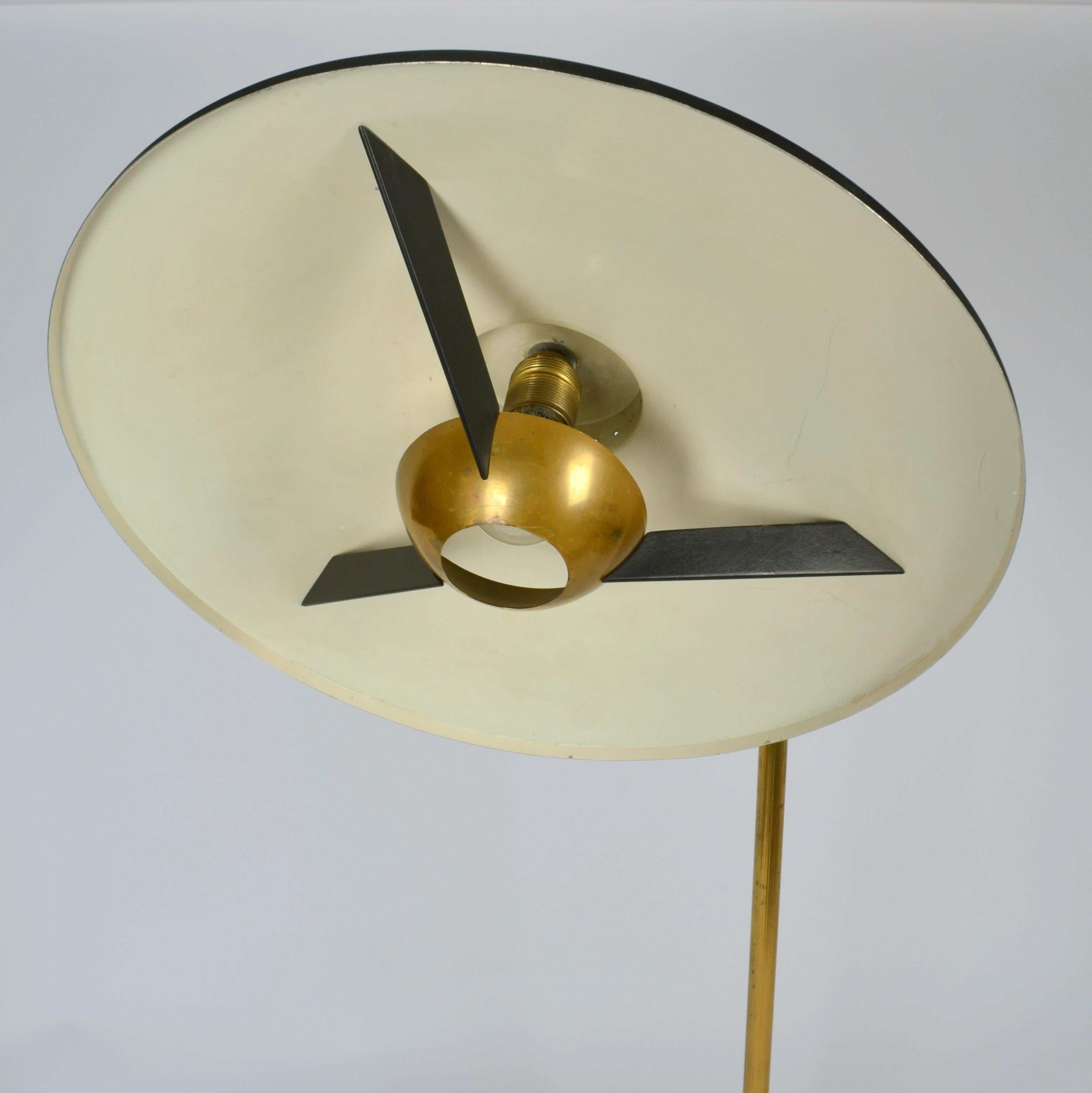 Italian Swing Arm Brass Floor Lamp, Original Black Shade, 1950's Stilnovo Style For Sale 4