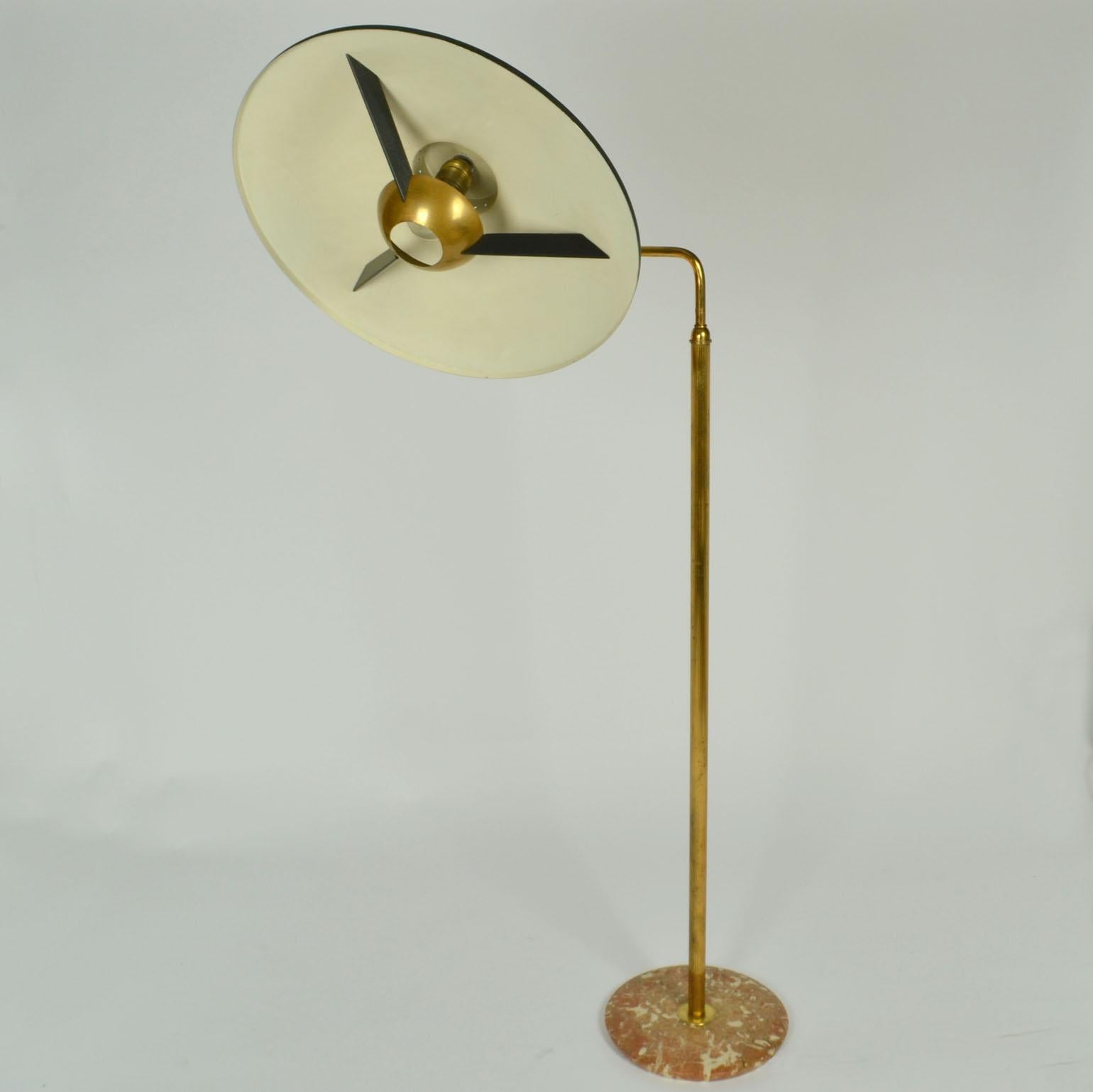 Italian Swing Arm Brass Floor Lamp, Original Black Shade, 1950's Stilnovo Style For Sale 5