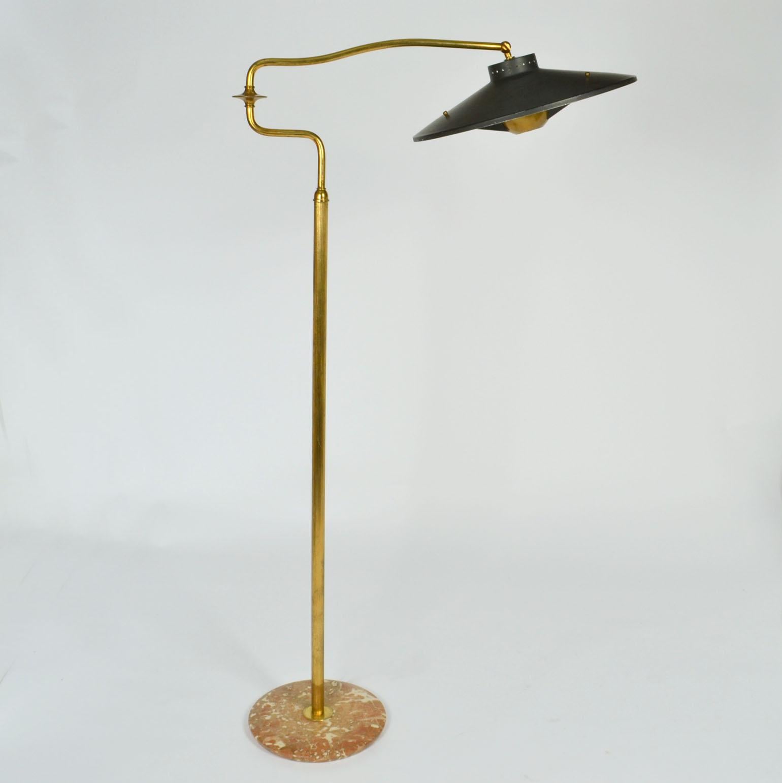 Italian Swing Arm Brass Floor Lamp, Original Black Shade, 1950's Stilnovo Style For Sale 6