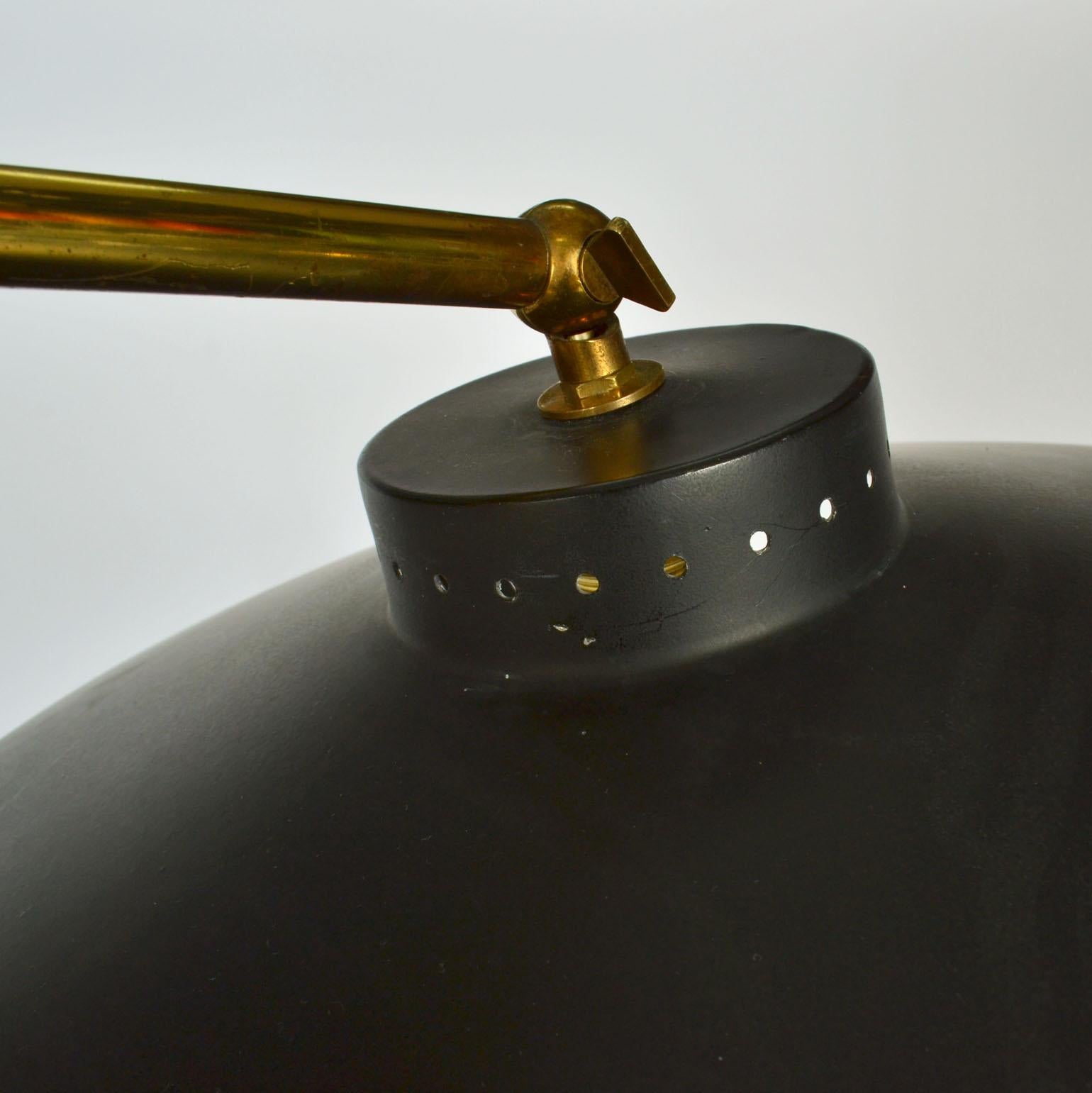 Italian Swing Arm Brass Floor Lamp, Original Black Shade, 1950's Stilnovo Style For Sale 7