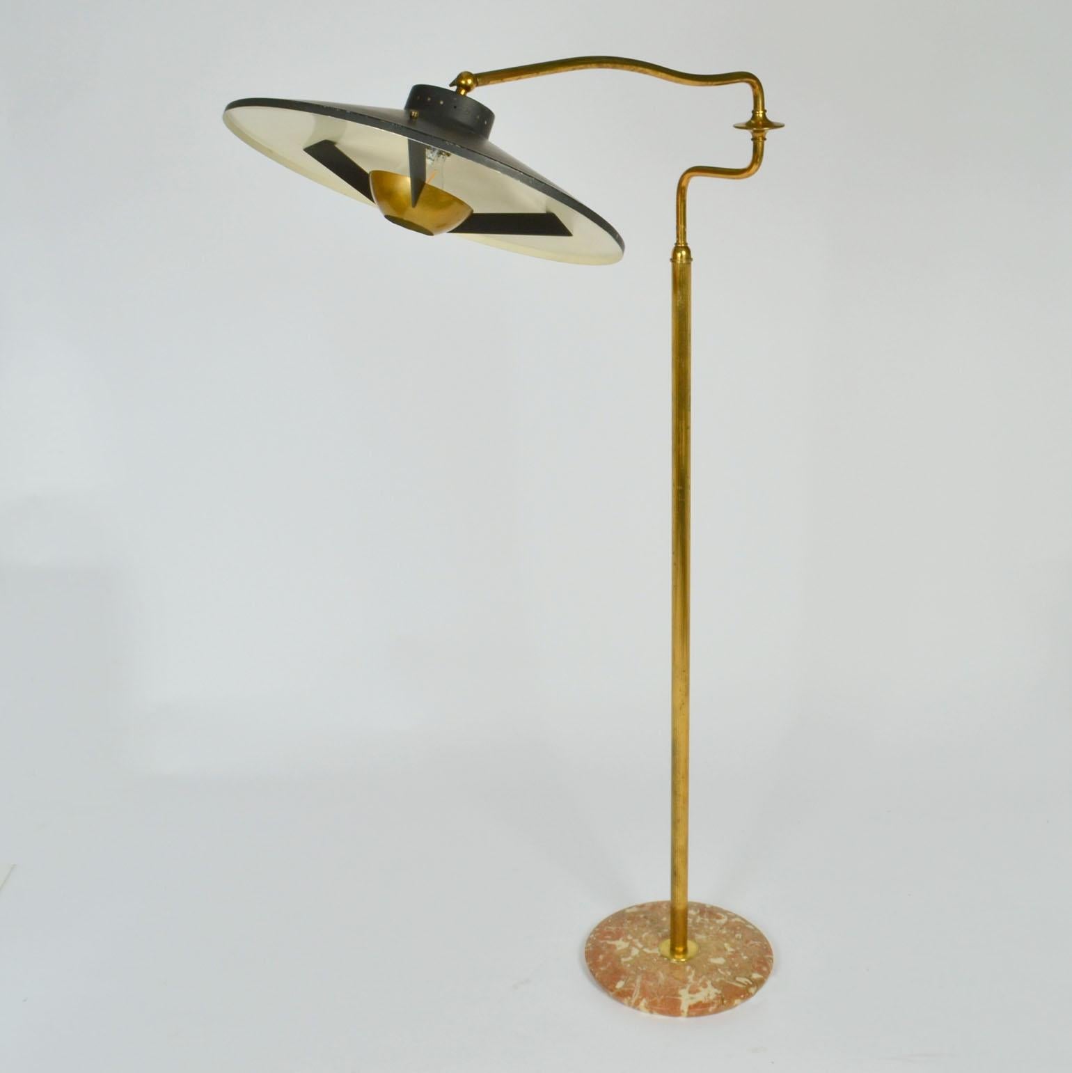Mid-Century Modern Italian Swing Arm Brass Floor Lamp, Original Black Shade, 1950's Stilnovo Style For Sale