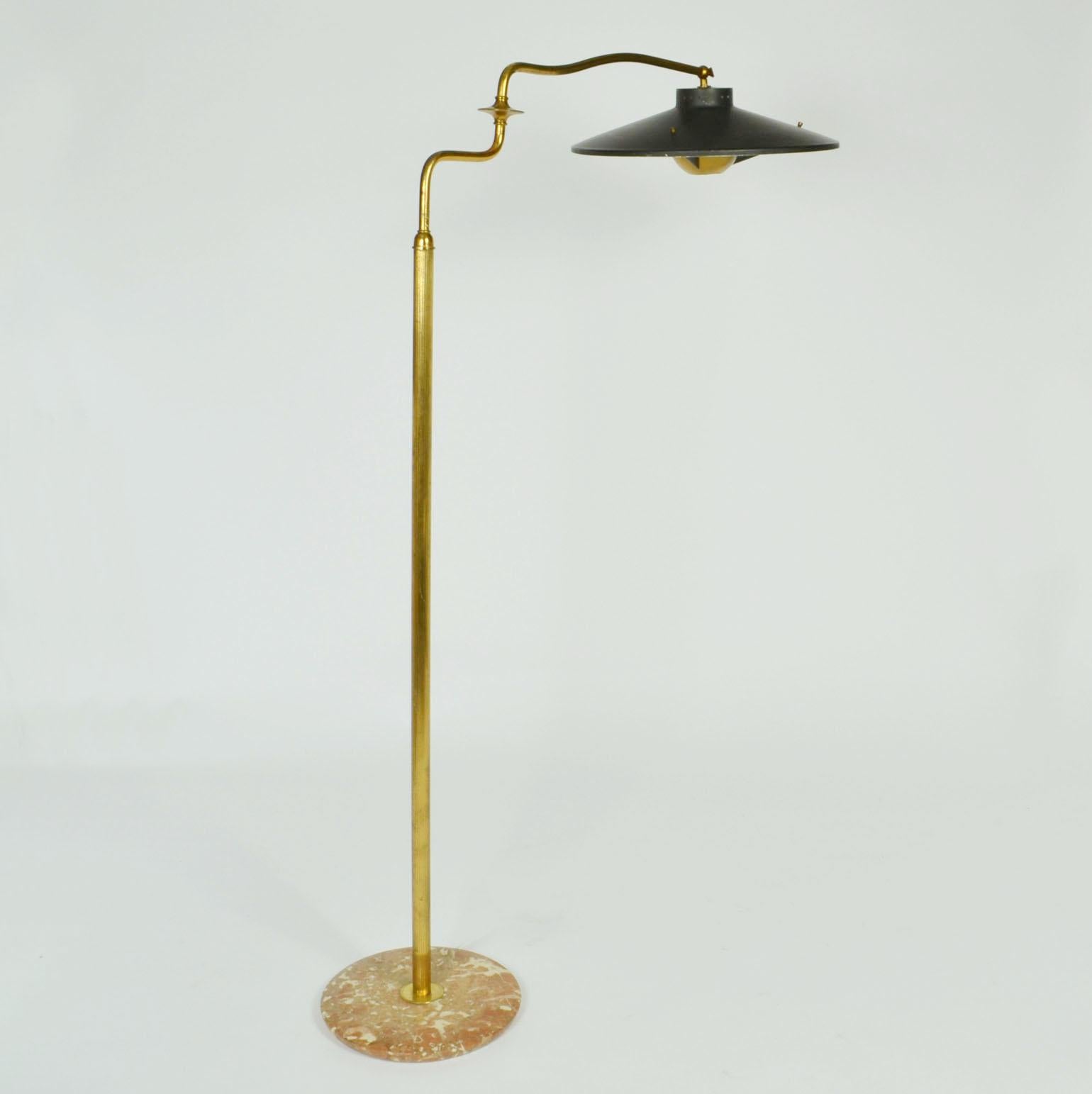 Mid-20th Century Italian Swing Arm Brass Floor Lamp, Original Black Shade, 1950's Stilnovo Style For Sale