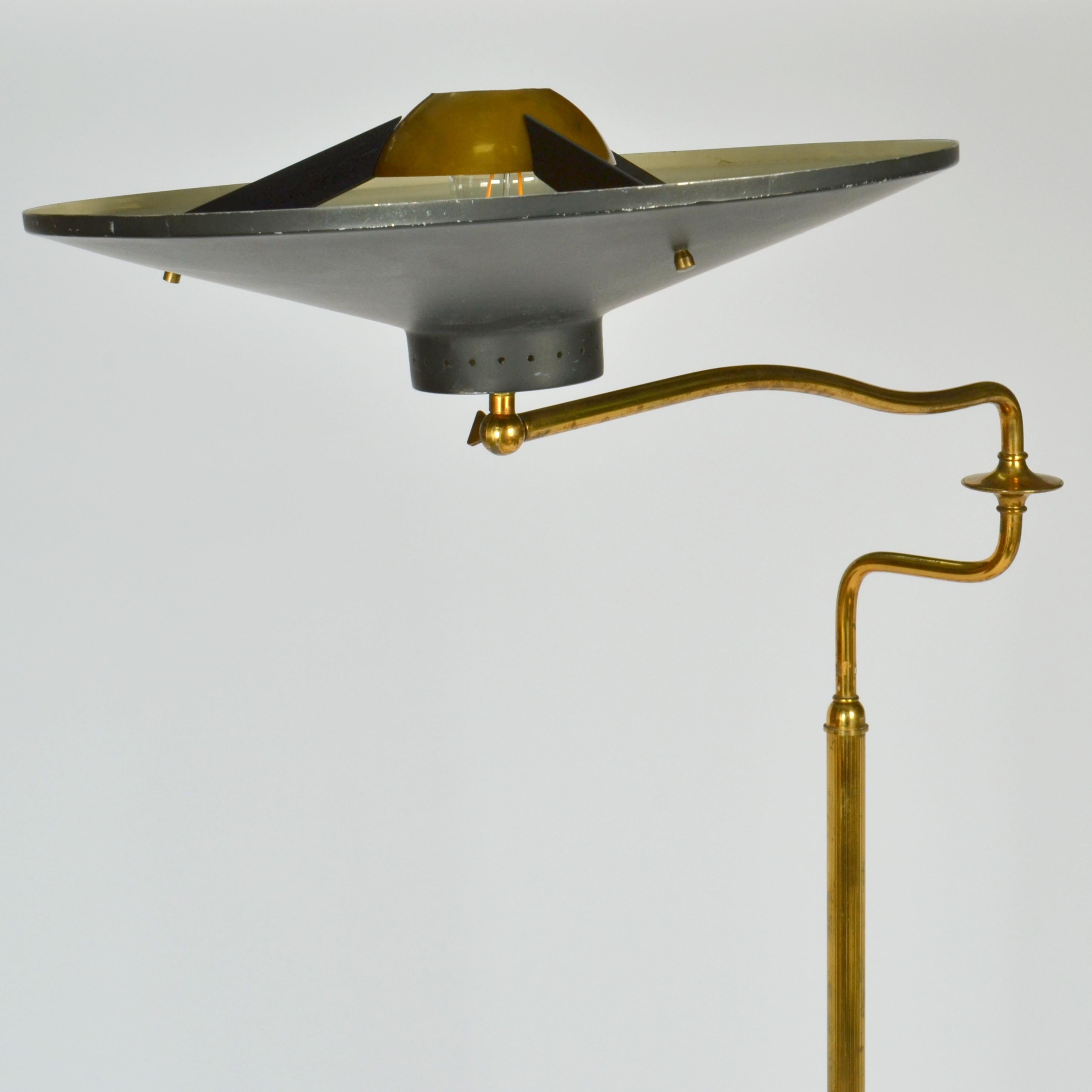 Metal Italian Swing Arm Brass Floor Lamp, Original Black Shade, 1950's Stilnovo Style For Sale