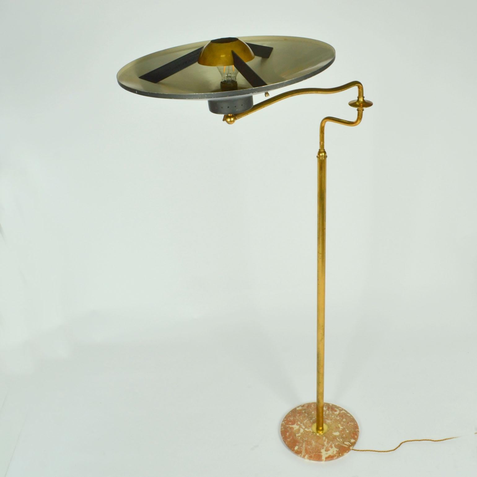 Italian Swing Arm Brass Floor Lamp, Original Black Shade, 1950's Stilnovo Style For Sale 1