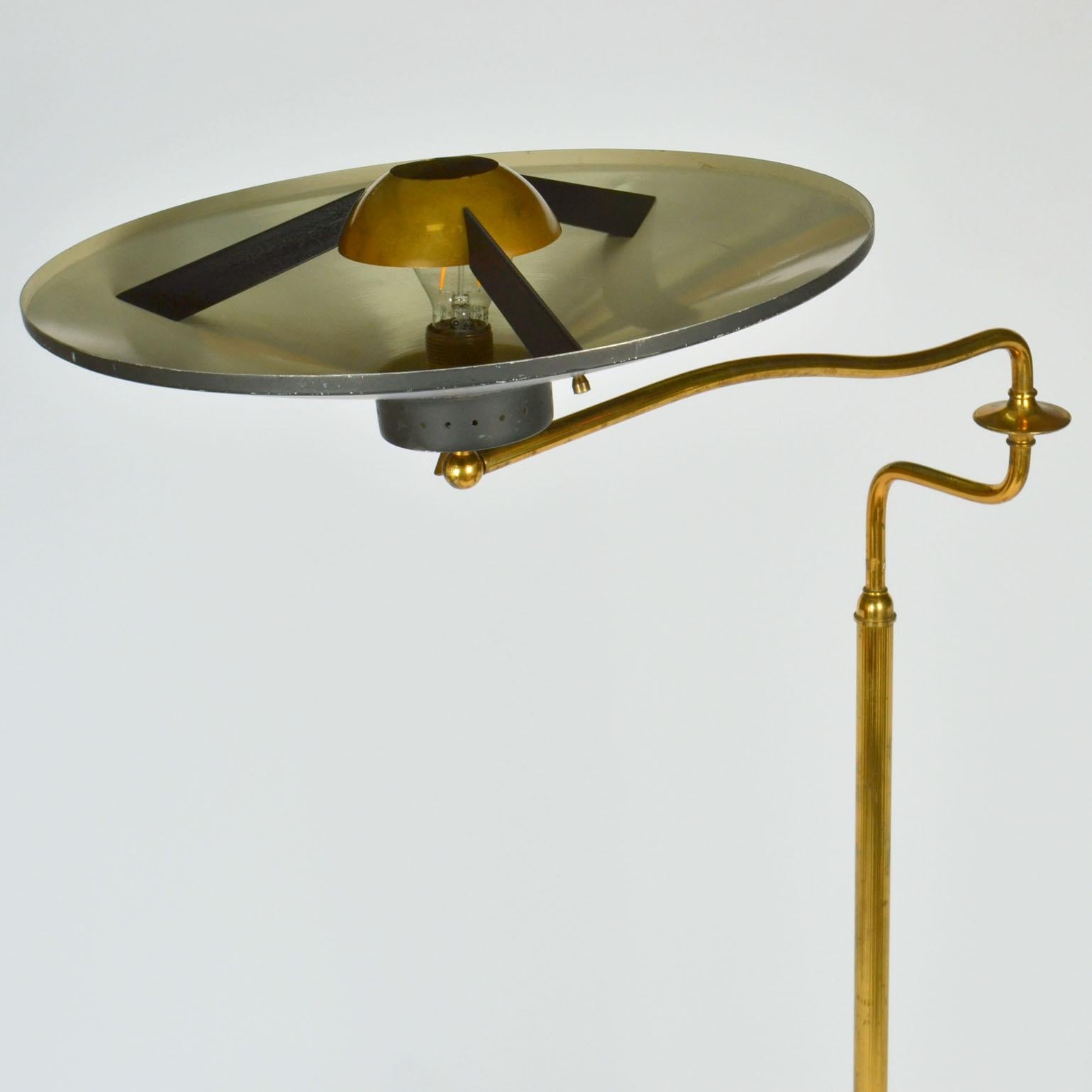 Italian Swing Arm Brass Floor Lamp, Original Black Shade, 1950's Stilnovo Style For Sale 2