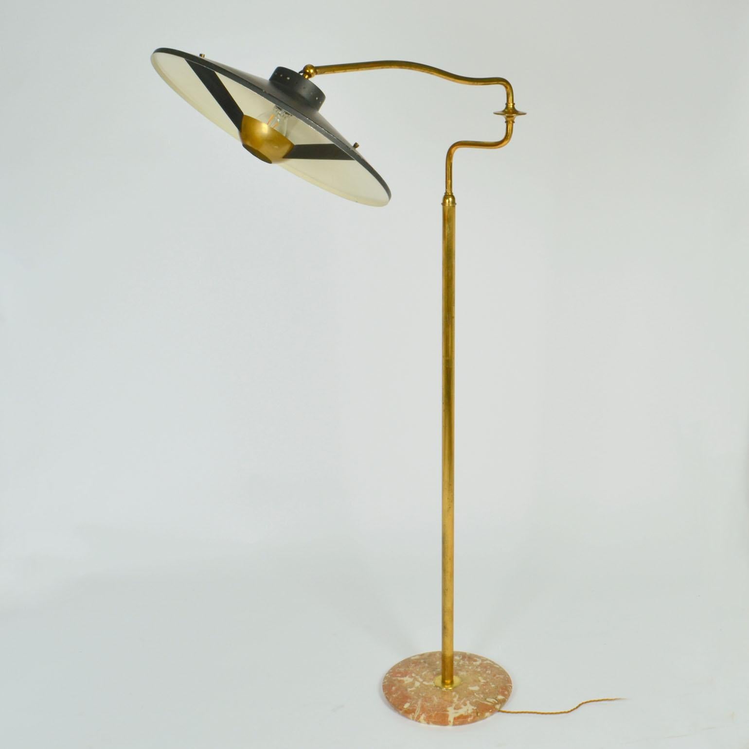 Italian Swing Arm Brass Floor Lamp, Original Black Shade, 1950's Stilnovo Style For Sale 3